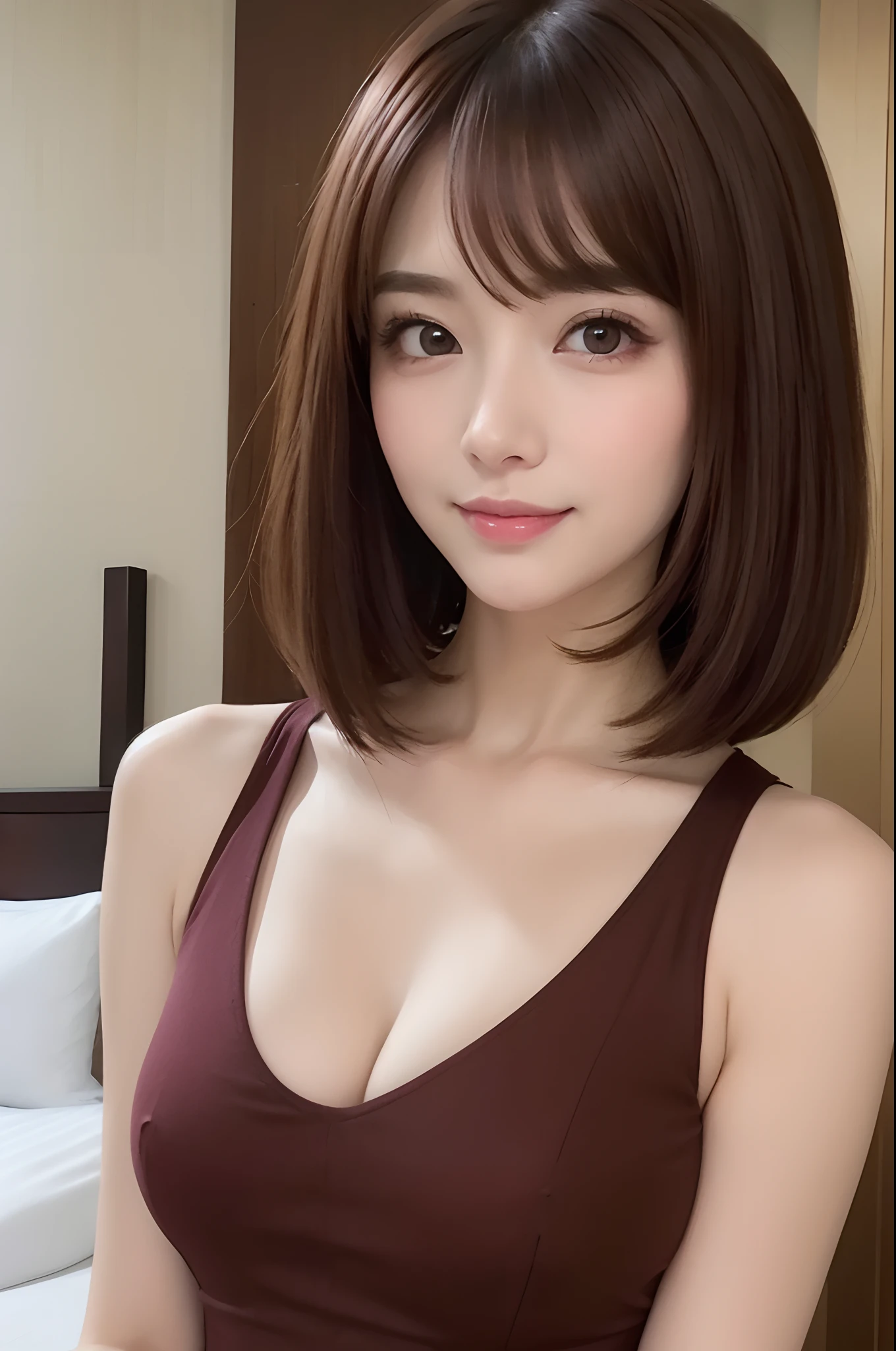 masterpiece, 1 beautiful girls, detaileds, top-quality, 超A high resolution, (Realistis: 1.4), OriginalPhotographs, 电影灯光, A smile, Asian Beauty, very extremely beautiful, Slightly younger face, Beautiful skins, slender, (A hyper-realistic), (hight resolution), (8K), (ighly detailed), (The best illustrations), (beautifully detailed eyes), (ultra-detailliert), (wall-paper), (详细的脸), looking at the viewers, fine detailed, A detailed face、pureerosfaceace_v1、46-point diagonal bangs、beautidful eyes、Beautiful charming anime girl with open mouth、(reddish brown hair:1.5),(Luxury resort hotel rooms:1.6)、(Wearing peplum tops:1.5)、(Okappa:1.5)、(Lying:1.5)