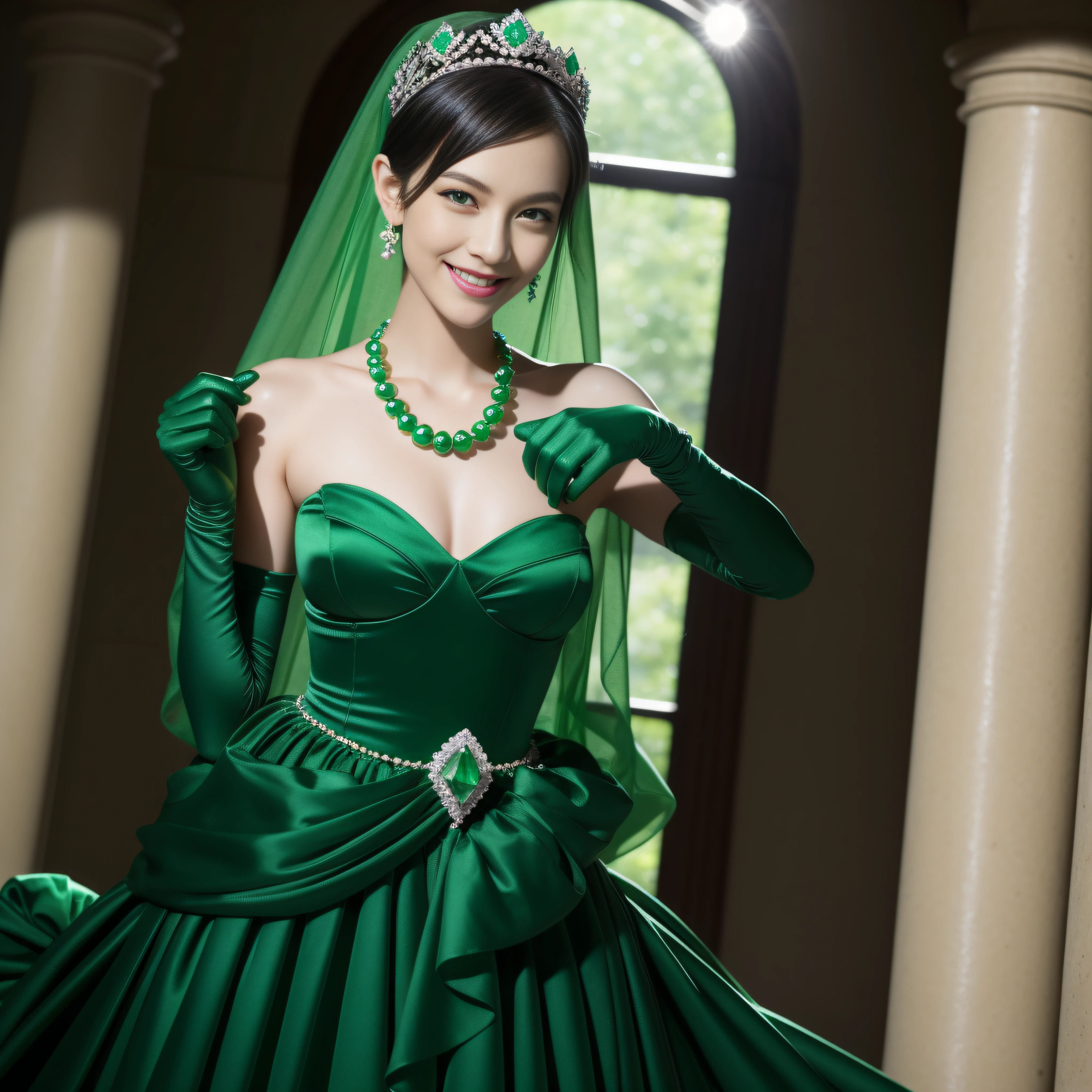 emerald tiara, Green Pearl Necklace, Boyish very short black hair, lipsticks, Japan woman smiling, very short short hair, big breasts beautiful, Green eyes, Long green gloves made of satin material, Green eyes, Emerald Earrings