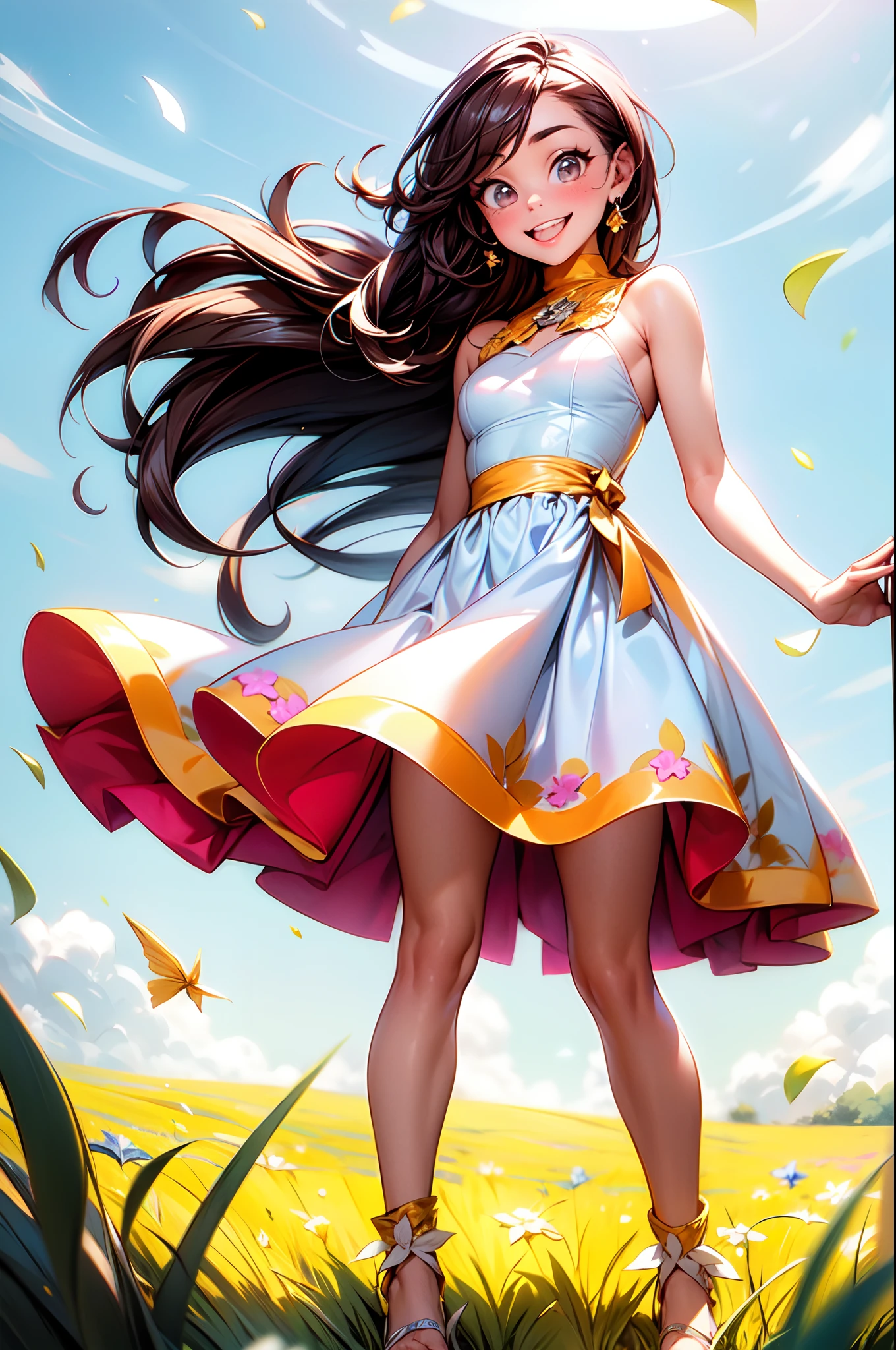 agregar_detalle:1, La mejor calidad, hermoso brillo detallado, ambient-occlusion, Luz ambiental, Reflejos trazados por rayos, Aura brillante, una feliz, Smiling 18-year-old brown-skinned girl running across the prairie on a sunny day with the wind blowing, Dress in two parts with floral motifs warm colors and colorful flying flowers that are all over the meadow, muy colorido.