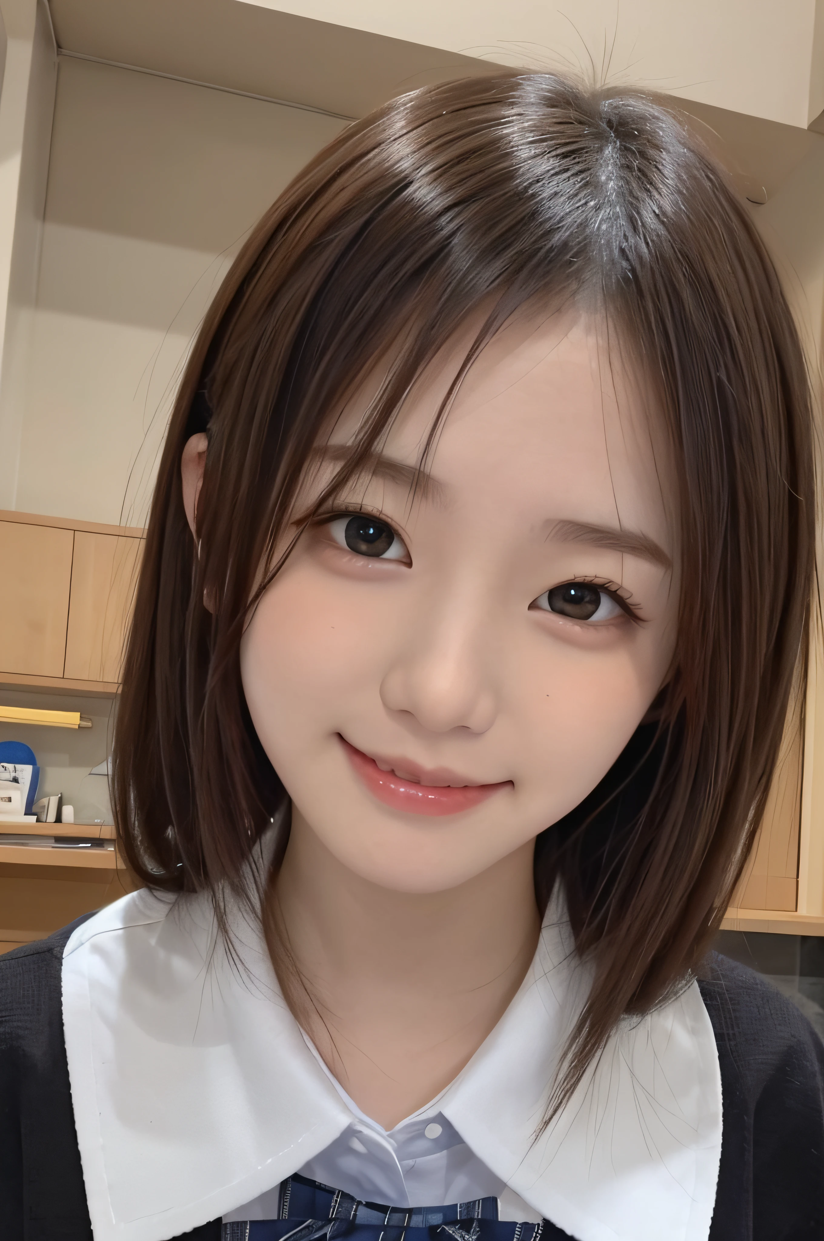 -yeld wo、soio、brown haired、beautidful eyes、real looking skin、A detailed eye、hi-school girl、(8K、​masterpiece)、(reallistic、Photorealsitic)、top-quality、ighly detailed、The ultra-detailliert、Beautie、cute little、Korea person、a smile、Close-up portrait、Healthy face、schools、School uniform、Cardigan、plaid skirts