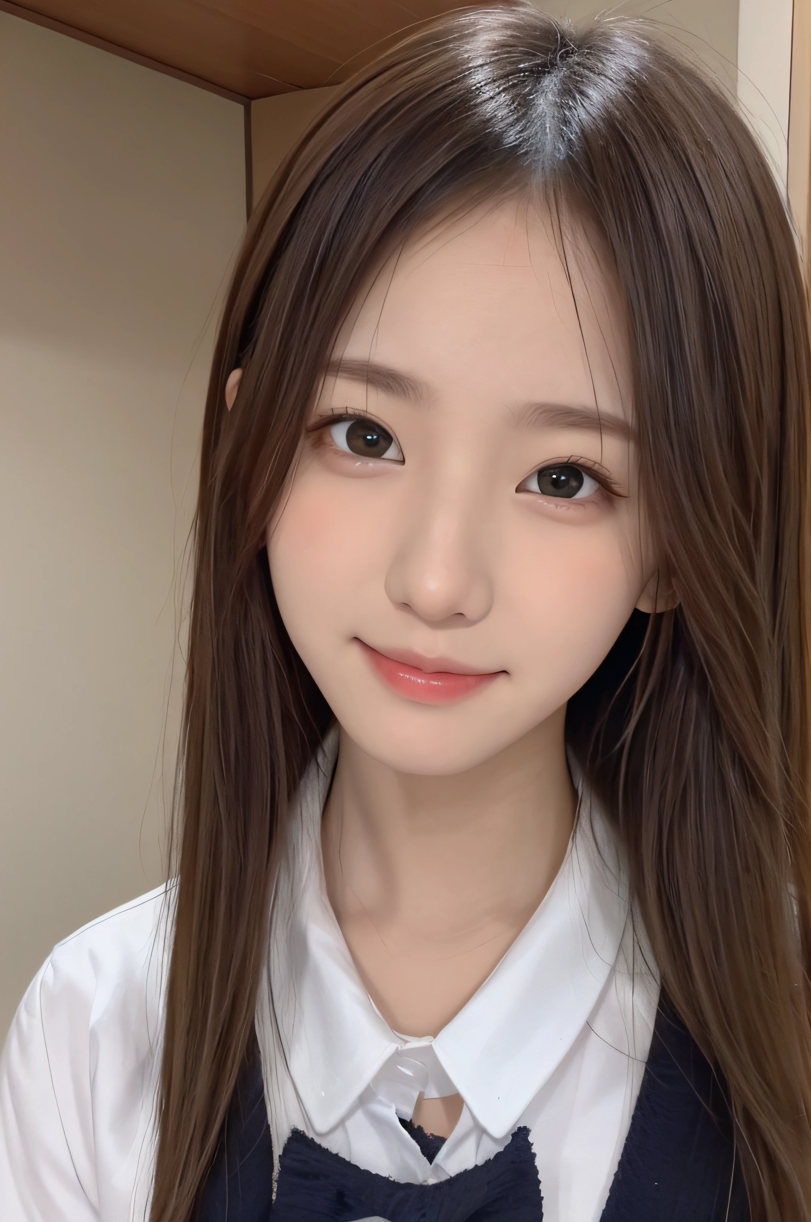 -yeld wo、soio、brown haired、beautidful eyes、real looking skin、A detailed eye、hi-school girl、(8K、​masterpiece)、(reallistic、Photorealsitic)、top-quality、ighly detailed、The ultra-detailliert、Beautie、cute little、Korea person、a smile、Close-up portrait、Healthy face、schools、School uniform、Cardigan、plaid skirts