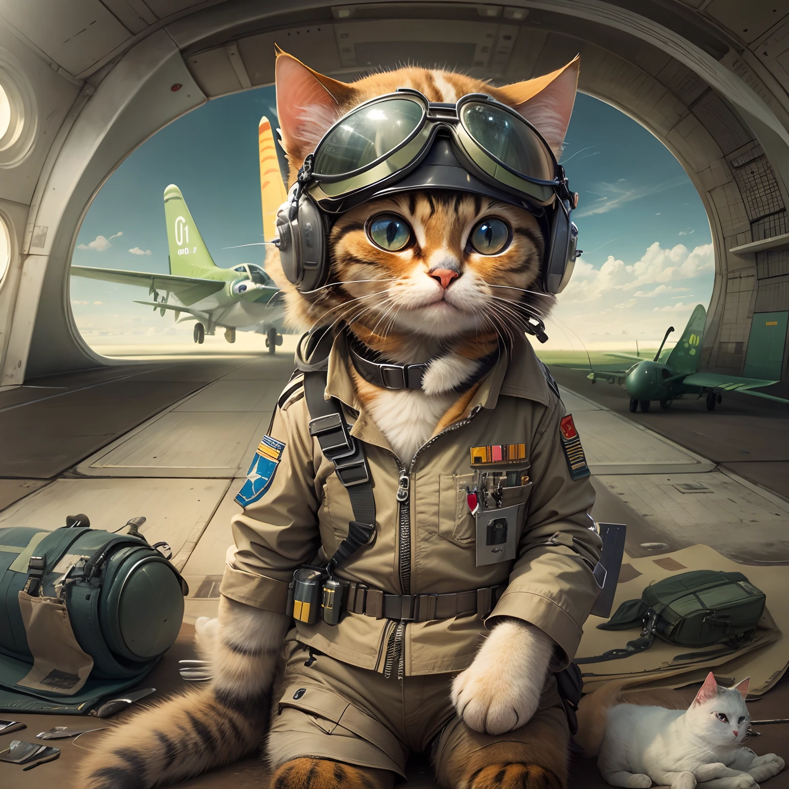 A round-eyed cat,Wear a pilot's uniform, On the airstrip, There are planes.