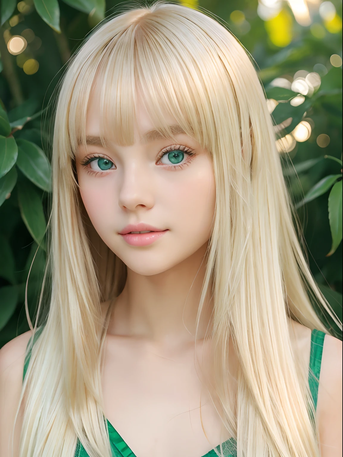 silky white shiny skin、Sexy cute sexy little beautiful face、Bangs fluttering on the front of cute face、Glowing blonde hair、long silky bangs covering the eyes 、Beautiful pale green eyes that sparkle、Sexy cute young woman with long blonde shiny bright hair super long hair、pronounced large double eyelids,、