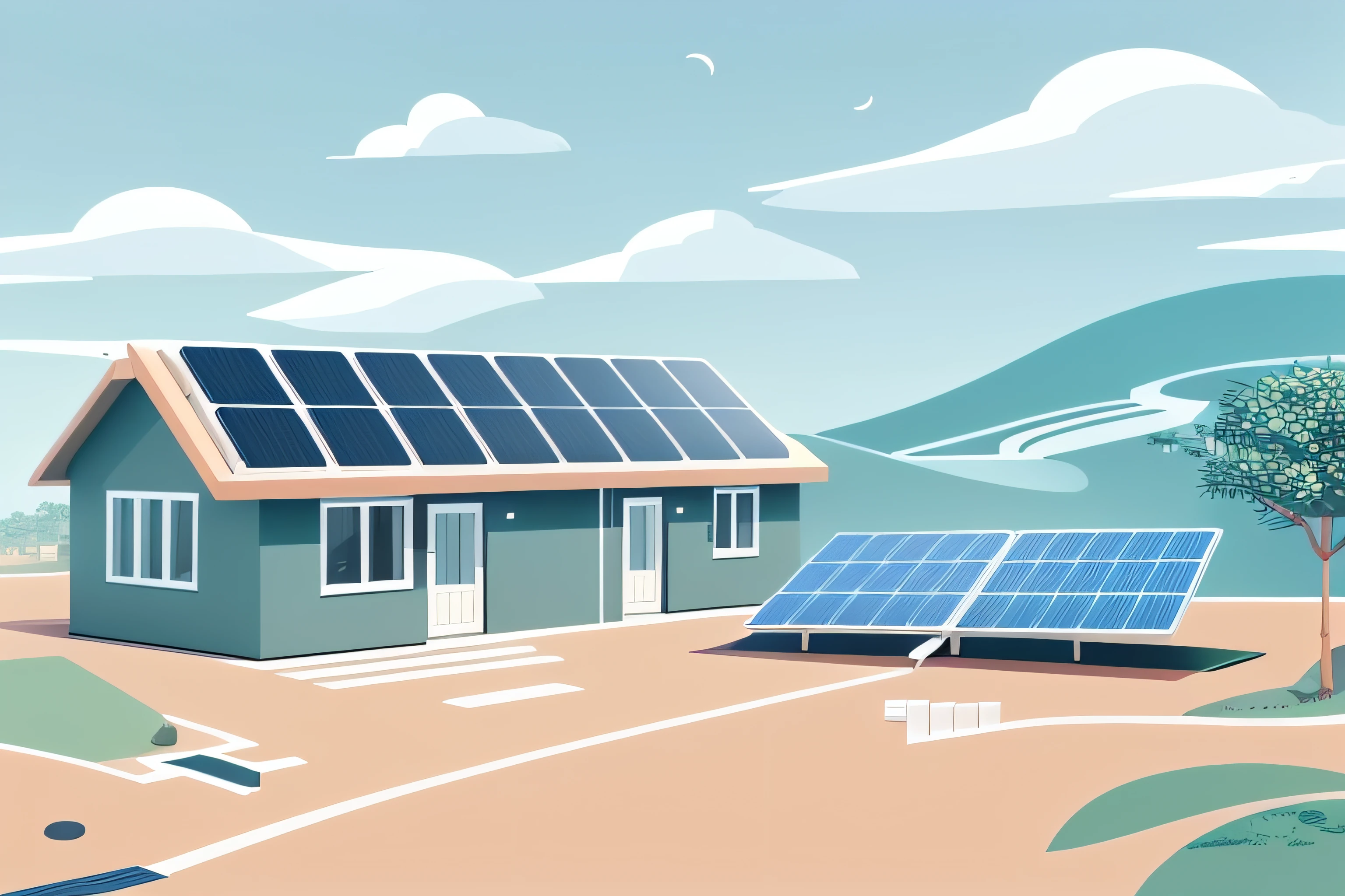 Illustration of a house with solar panels and a car, renewable energy, energia limpa, webdesign icon for solar carport, energia verde, rooftop solar panels, Casa passiva, Tecnologia Verde, energia solar, movido a energia solar, Vila Solarpunk, sustentabilidade, sustainable, solar, Directed by: Carey Morris, solar panels, flat illustration, por Romain brook, sustainable materials