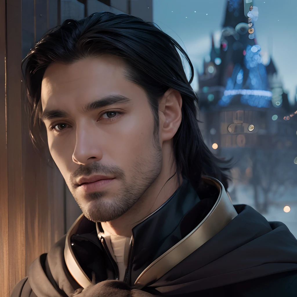 Close-up of a man in a black coat with a lock in the background
