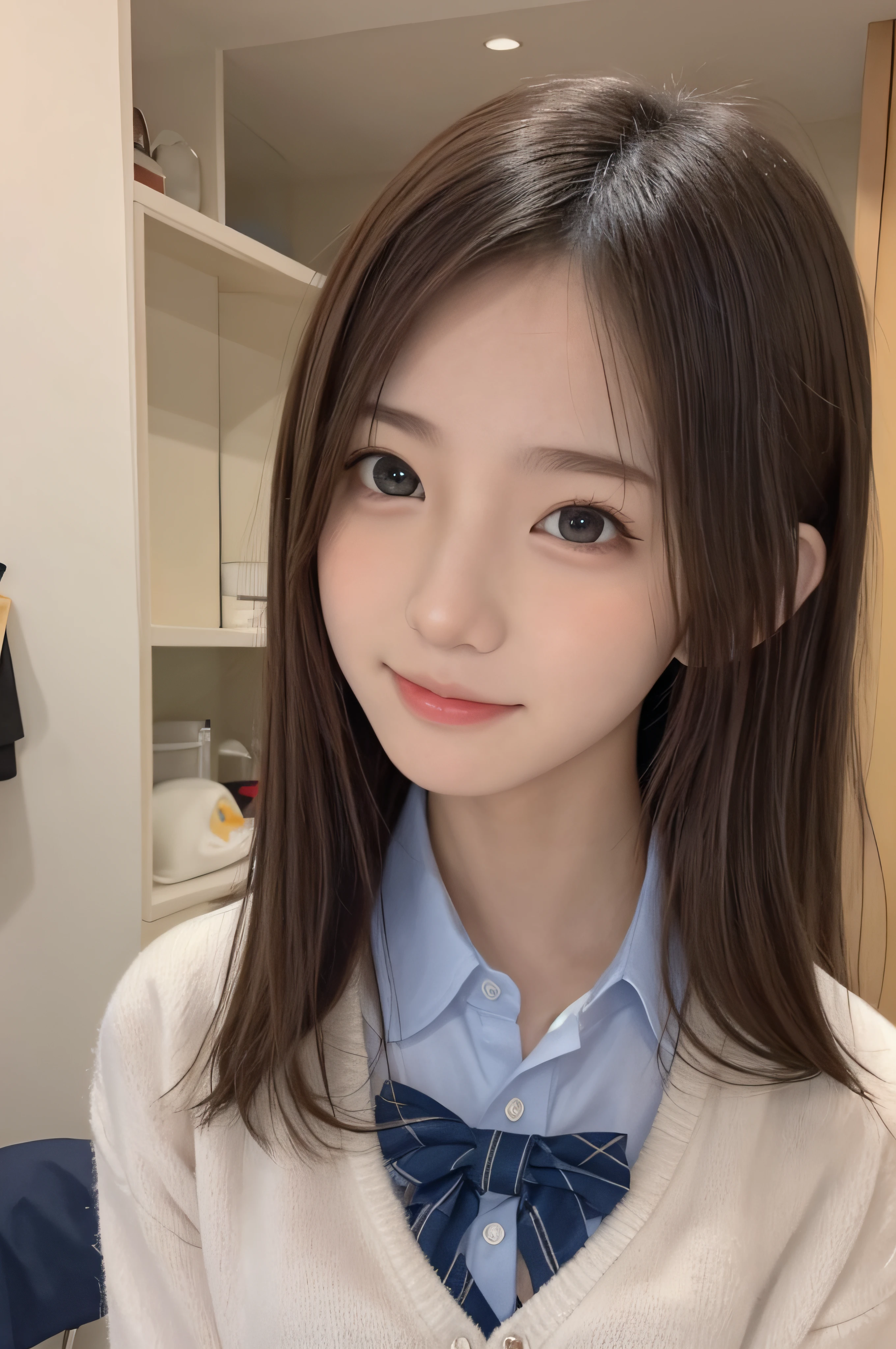 -yeld wo、soio、brown haired、beautidful eyes、real looking skin、A detailed eye、hi-school girl、(8K、masterpiece)、(reallistic、Photorealsitic)、top-quality、ighly detailed、The ultra-detailliert、Beautie、cute little、Korea person、a smile、Close-up portrait、Healthy face、schools、School uniform、Cardigan、plaid skirts