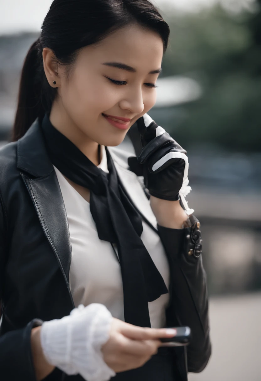 Black leather gloves in both hands, blazer and ribbon uniform, black hair ponytail, upper body, conversation with a smile with a black smartphone, cute Japanese girl (black leather gloves covering both hands) traveling alone
