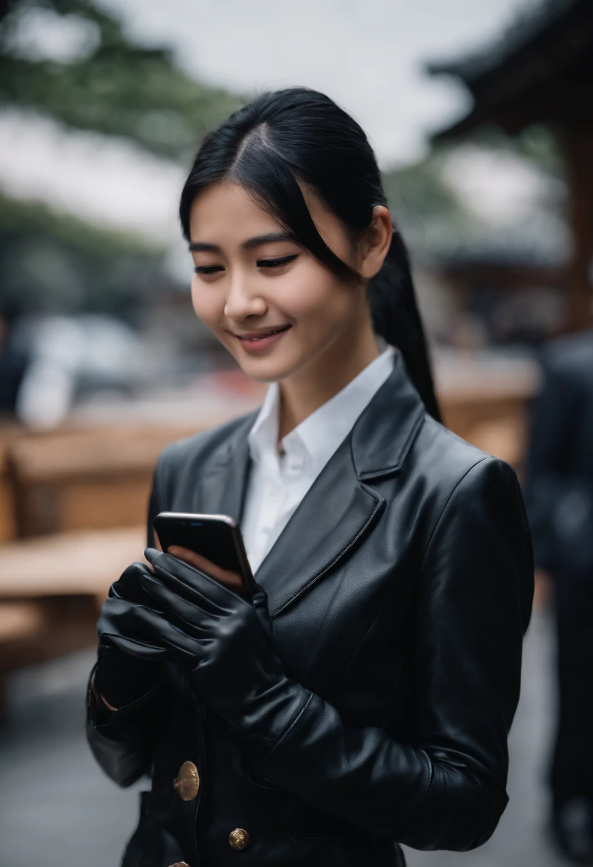 Black leather gloves in both hands, blazer and ribbon uniform, black hair ponytail, upper body, conversation with a smile with a black smartphone, cute Japanese girl (black leather gloves covering both hands) traveling alone