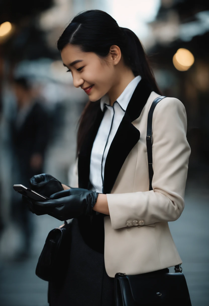 Black leather gloves in both hands, blazer and ribbon uniform, black hair ponytail, upper body, conversation with a smile with a black smartphone, cute Japanese girl (black leather gloves covering both hands) traveling alone