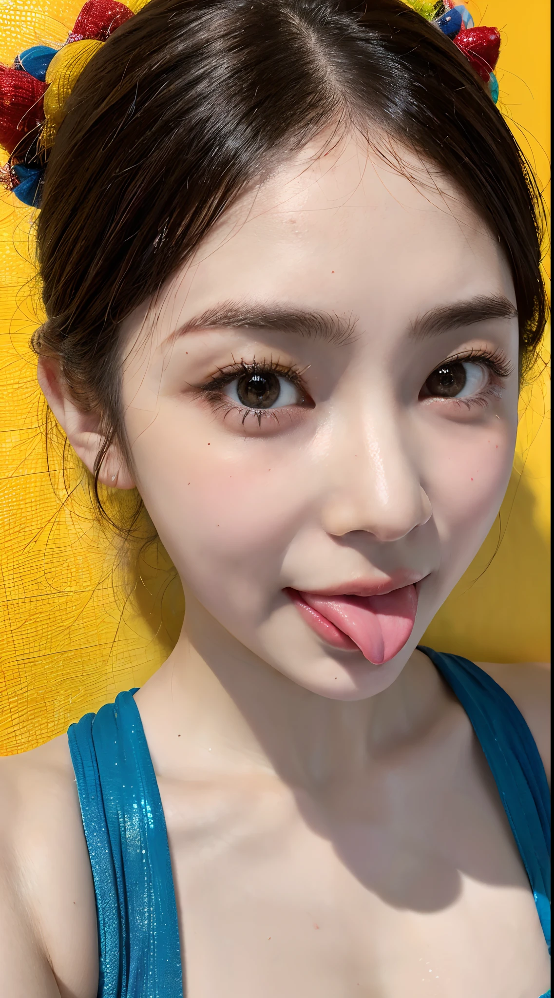 （in 8K. ＨＤＲ.Hyper-Realism、Masterpiece 1.4、Live Photo 1.4, Best quality1.4, Ultra Detailed 1.4、​masterpiece:1.4、Insanely detailed、Perfect Shading、Solo Photography、canonＥＯＳ.50mm Lens、full body photographed）（（（Indian Sarees、Colorful national costume.full body picture 1.5）））（（（Japan Female, 18year old、Small face 1.4、put out the tongue、pink tongue、Sleepy face、a short bob、Bangs on the forehead、A dark-haired、Five Fingers.）））、（small tit、small tits、muscular body、Cute little girl s、Beautiful skin shining with sweat、Detailed skin with visible pores、extremely detailed and beautiful face、de pele branca、Detailed skin）、（colorful backdrop、multicolored background、primary colours）