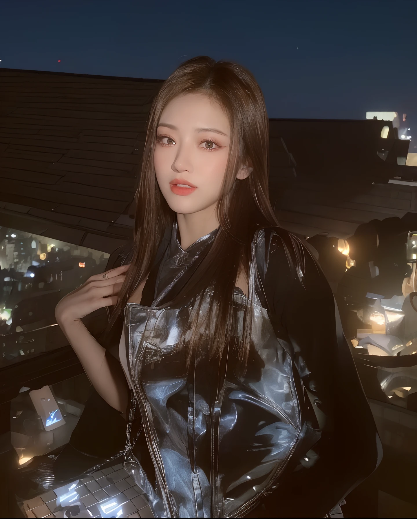 ((Midnight, Best quality, 8k, Masterpiece :1.3)), Whole body, Long legs, Sharp focus :1.2, A pretty woman with perfect figure :1.4, Slender abs :1.1, ((Dark brown hair, Big breasts :1.2)), (White tight tshirt, Jean bib, Standing:1.2), ((Night city view, Rooftop:1.3)), Highly detailed face and skin texture, Detailed eyes, Double eyelid