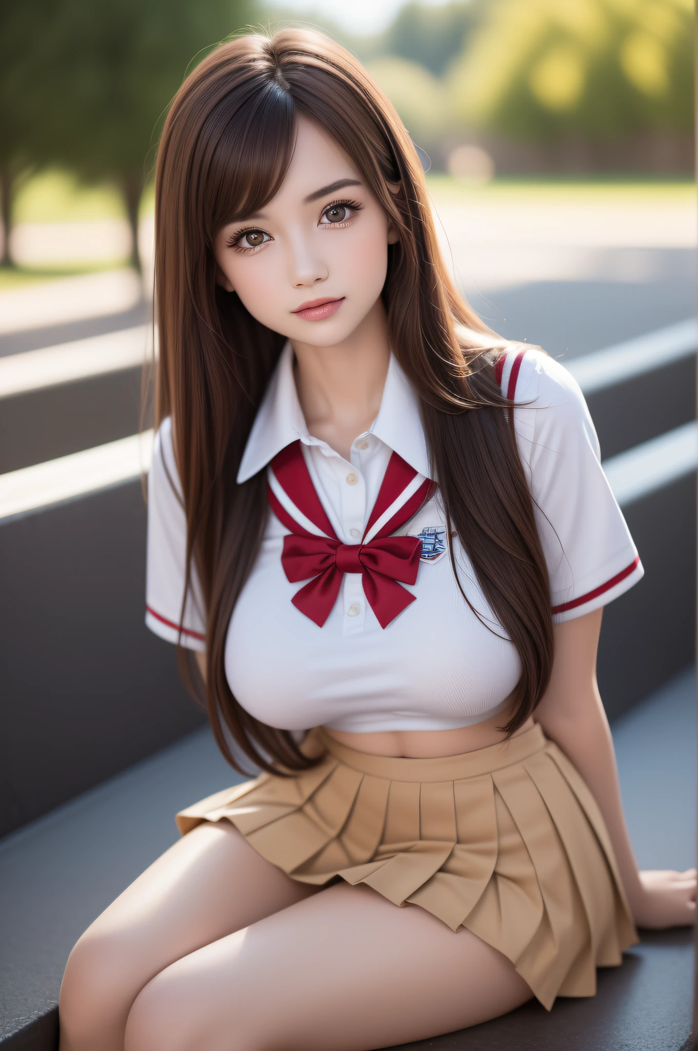 (2girls), Brown hair, Amazing face and eyes, Pink eyes, (High school uniform with wide open breasts:1.3), Beautiful big breasts, bared chest, (amazingly beautiful girl), Brown hair, (High School Uniform, Pleated mini-skirt:1.5), ((Best Quality)), (Ultra-detailed), (extremely detailed CG unified 8k wallpaper), Highly detailed, High-definition raw color photos, Professional Photography, sitting, legs wide open, (((Bokeh))), depth of fields,