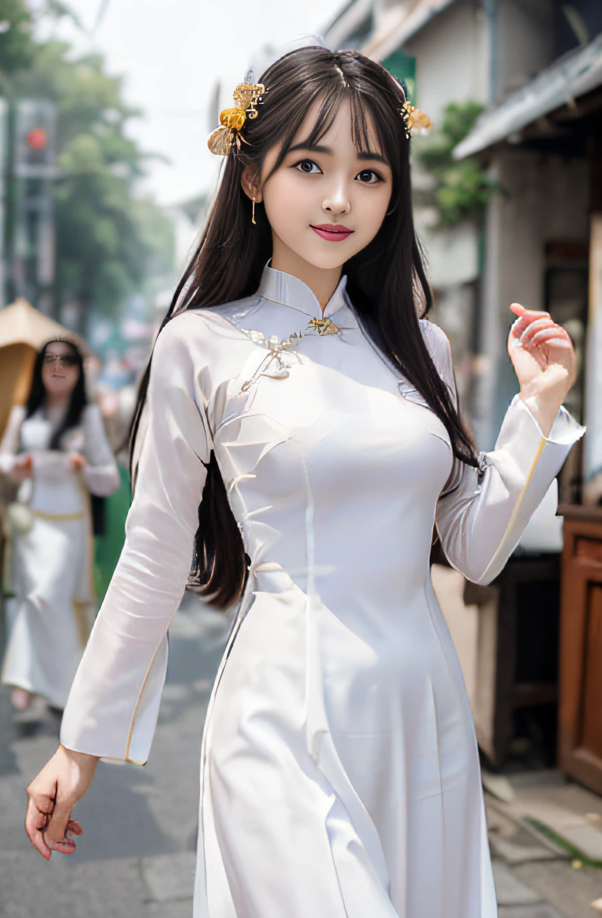 (8k, RAW photo, best quality, masterpiece:1.2), High detail RAW color photo, professional photograph,(realistic, photo realistic:1.2), ((best quality)), 1 girl, cinematic light, HDR, (finely detailed face:1.2), (masterpiece:1.5), (best quality:1.2), (smiling:1.2), (looking at viewer:1.2), (Vietnamese women:1.4), beautiful, cute like a doll, , (warm smile:1.2),small nostrils,  (traditional ao dai:1.3), (unadorned plain white ao dai:1.3),vietnamese high school uniform, long-sleeved,(ornament-free:1.2),white pants,medium bust, narrow waist, upper body,light makeup, big round eyes,long-sleeved,shallow depth of field, focus on the eyes, crowded street at Ho Chi Minh city,