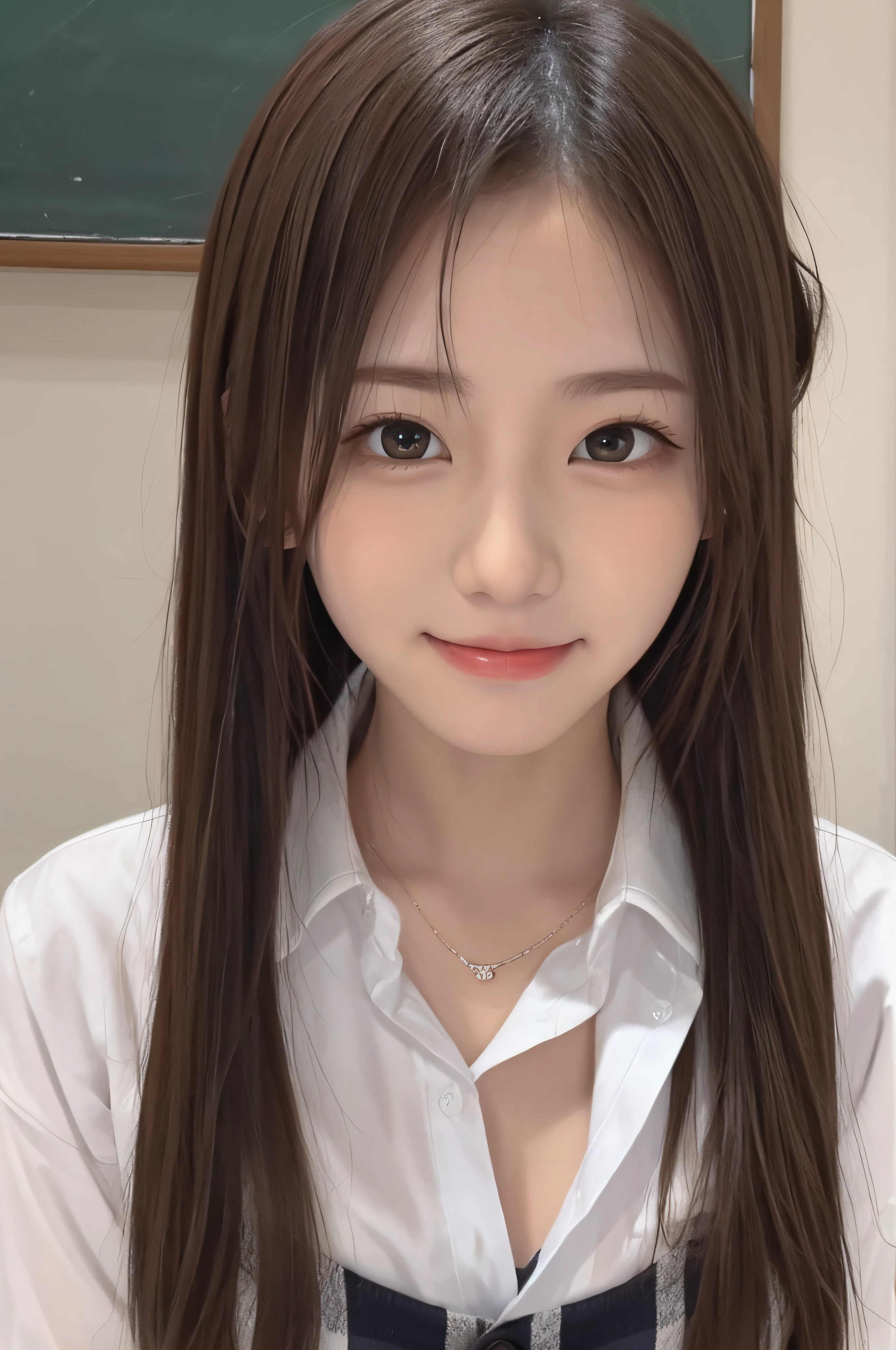 -yeld wo、soio、brown haired、beautidful eyes、real looking skin、A detailed eye、hi-school girl、(8K、​masterpiece)、(reallistic、Photorealsitic)、top-quality、ighly detailed、The ultra-detailliert、Beautie、cute little、Korea person、a smile、Close-up portrait、Healthy face、schools、School uniform、Cardigan、plaid skirts