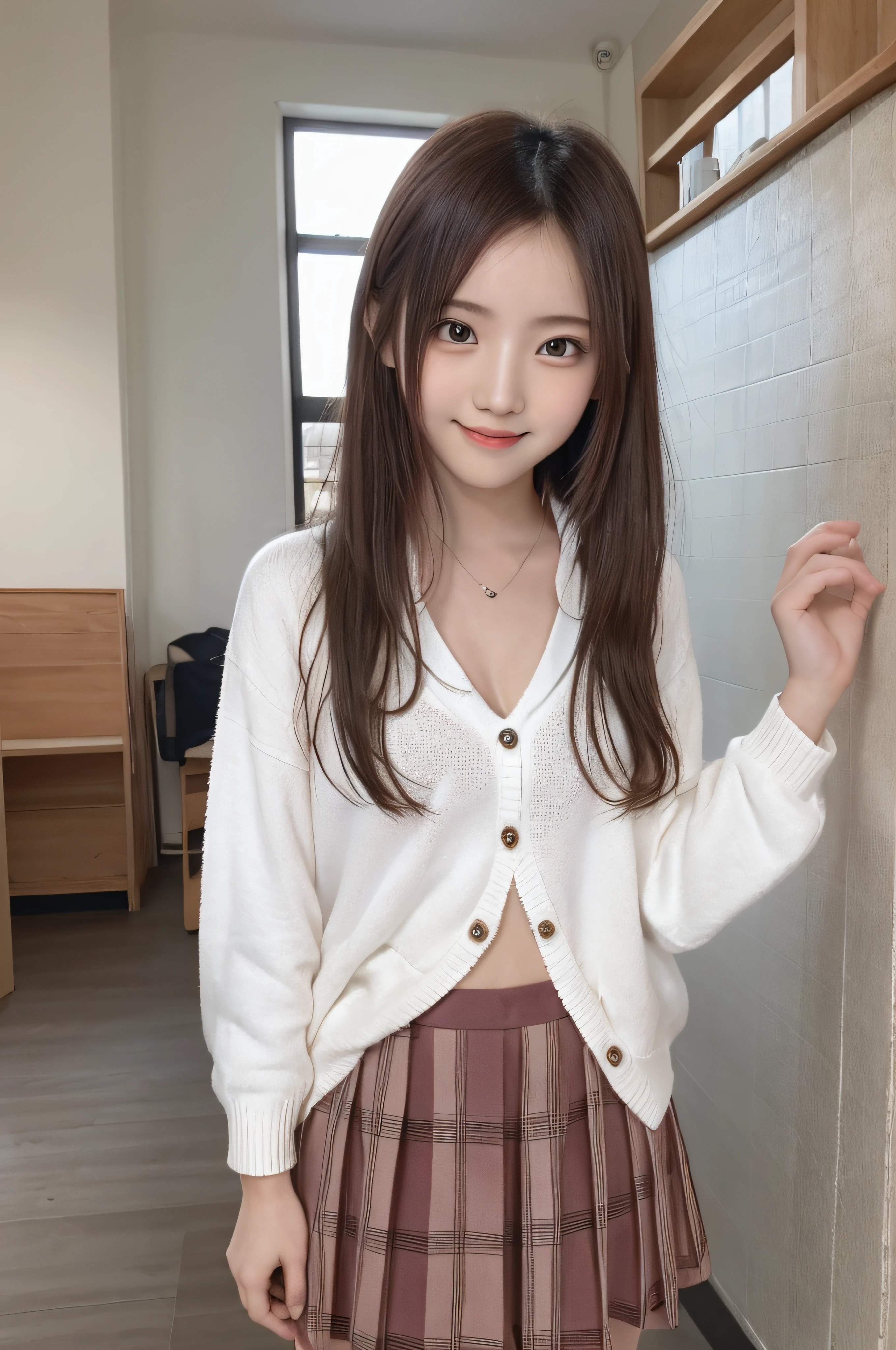 ers old、soio、brown haired、beautidful eyes、real looking skin、A detailed eye、hi-school girl、(8K、masterpiece)、(reallistic、Photorealsitic)、top-quality、ighly detailed、The ultra-detailliert、Beautie、cute little、Korea person、a smile、Close-up portrait、Healthy face、schools、School uniform、Cardigan、plaid skirts