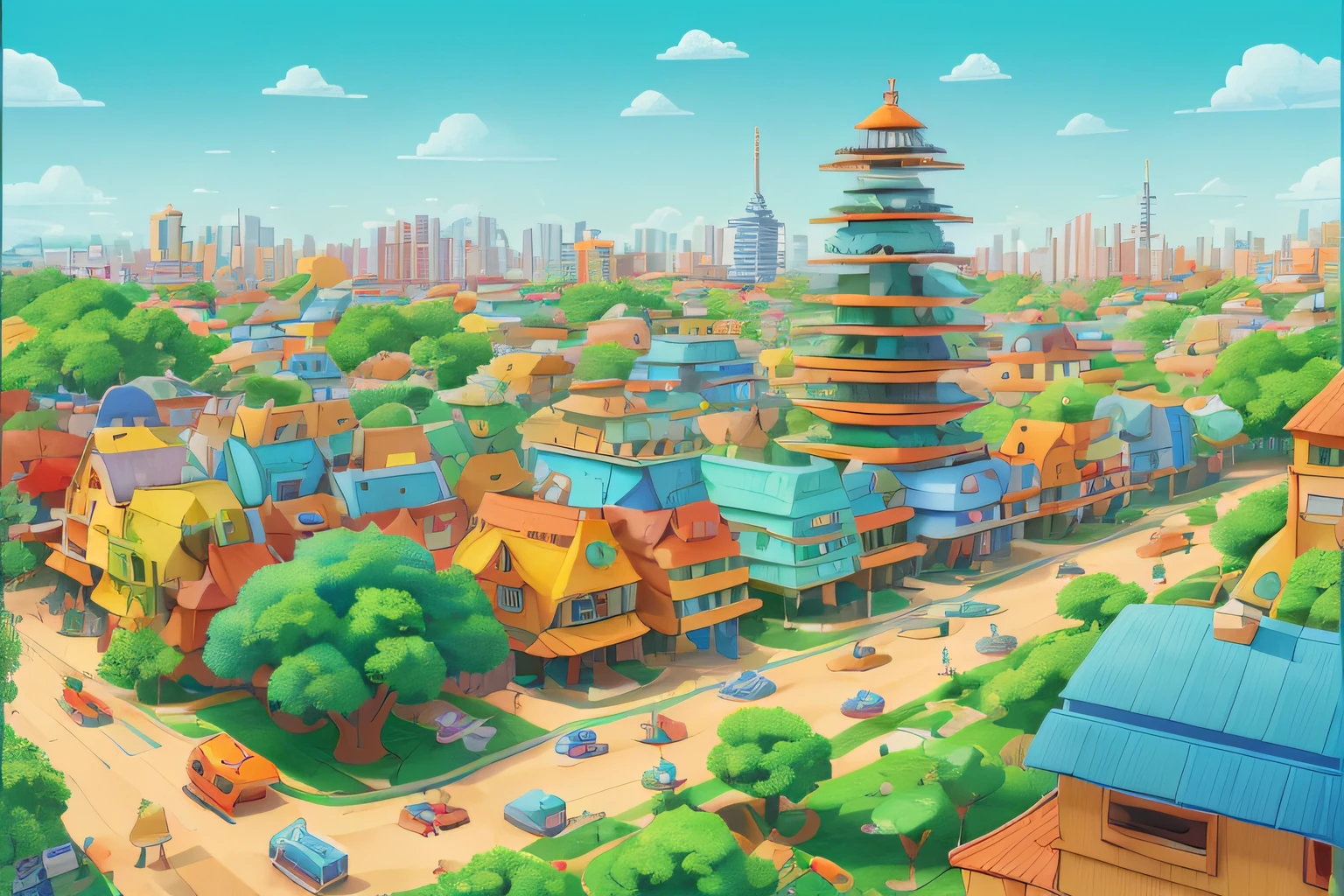 (panoramic aerial view), ((frisky, Funny, Playful constructions)) city with small constructions made with gears, ruas arborizadas, casas coloridas, Children's playful constructions, Detailed 2D illustrations, (((estilo dos desenhos animados))), cores vibrantes, (((laranja e azul))) (textura de aquarela), digital illustration style