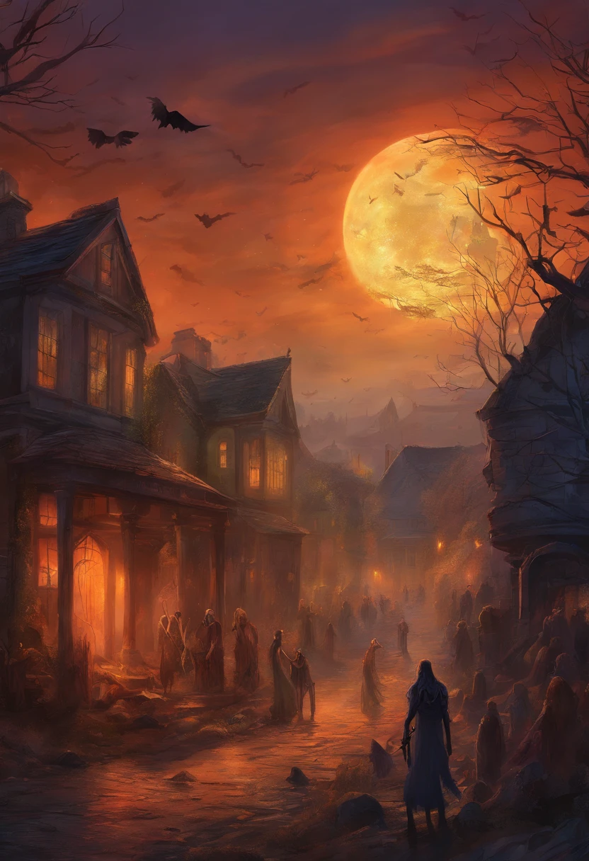 Illustration of a nightmarish Halloween night with zombies lurking the streets