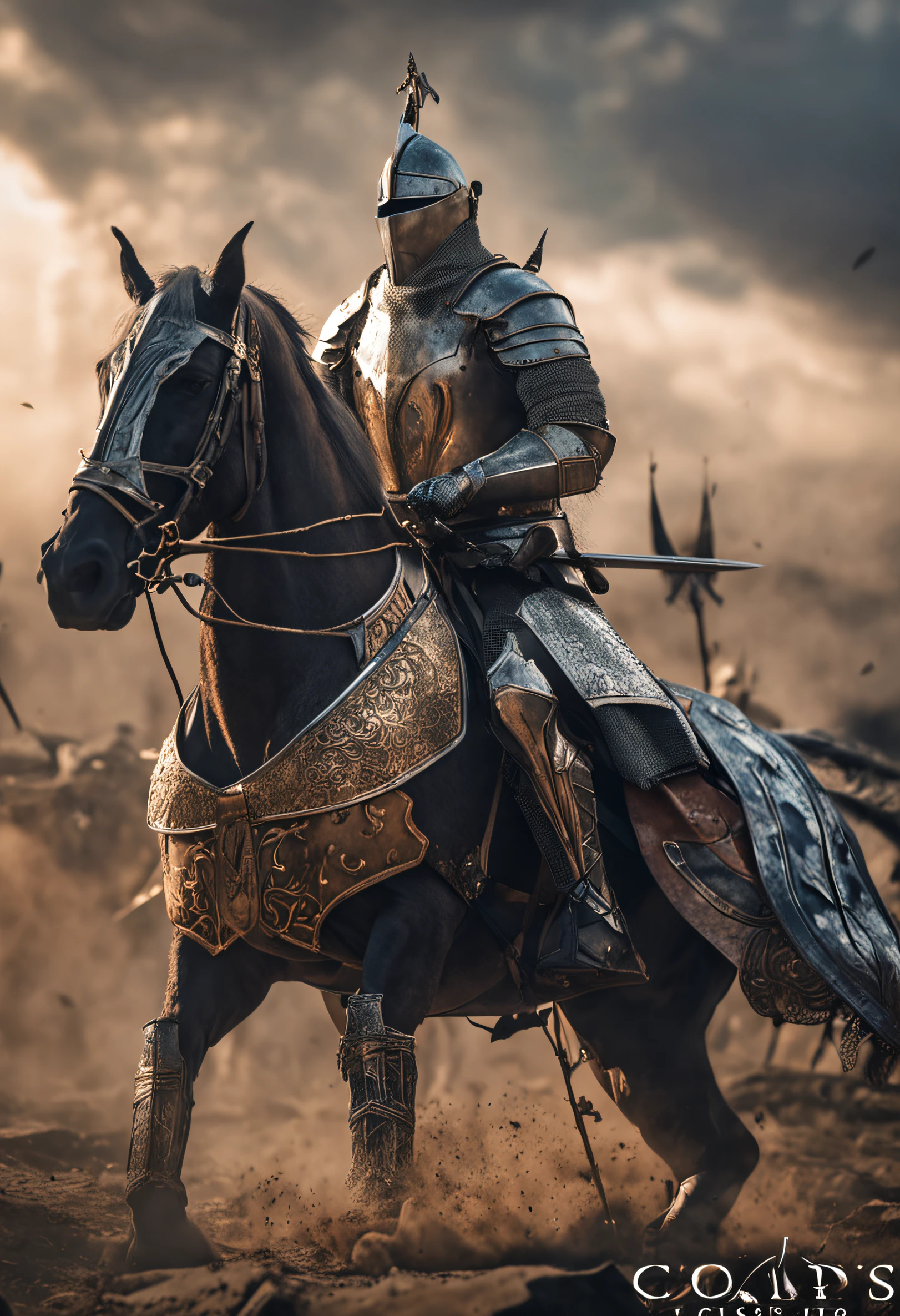 there are many people with closed helmets riding horses in a field with spears, surreal cinematic rendering engine, black shirt underneath armor, ornate filigree armor, anamorphic flags, 8k resolution - w 1024, car vs rider, knights, price of persia movie, arnold renderer