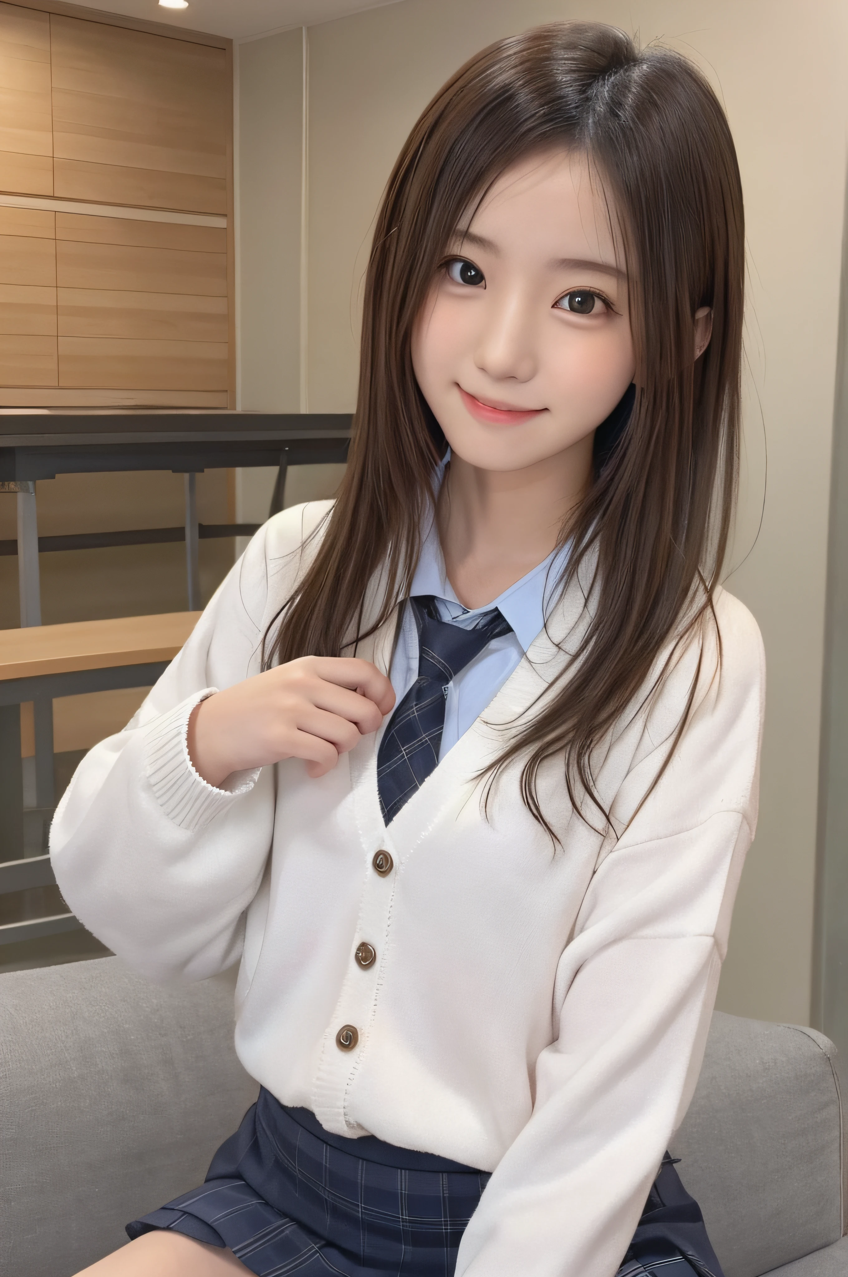 ers old、soio、brown haired、beautidful eyes、real looking skin、A detailed eye、hi-school girl、(8K、masterpiece)、(reallistic、Photorealsitic)、top-quality、ighly detailed、The ultra-detailliert、Beautie、cute little、Korea person、a smile、Close-up portrait、Healthy face、schools、School uniform、Cardigan、plaid skirts