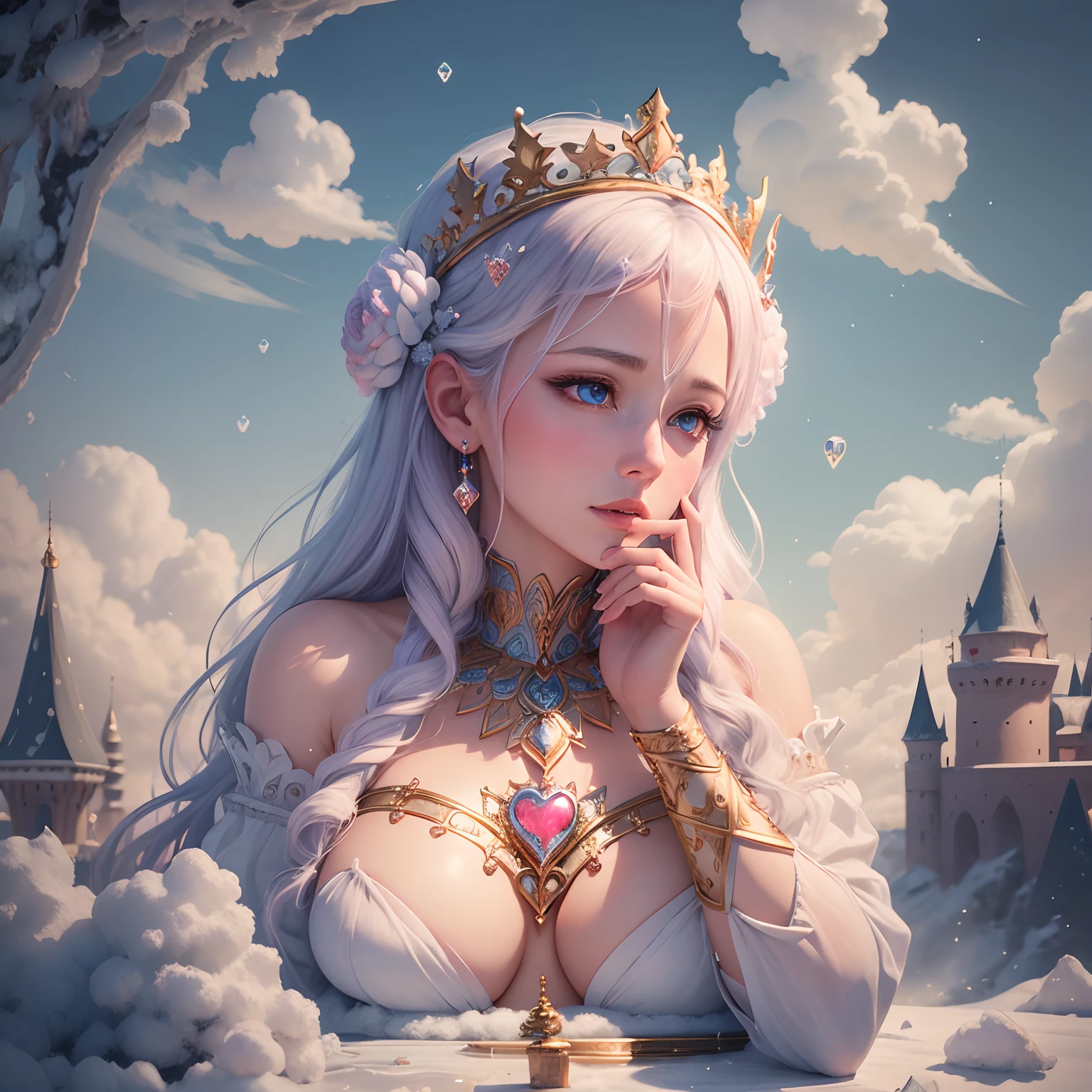 Queen Goddess of Beautiful Heart, 8K resolution, Hyper-realistic rendering, Intricate details are、Live in frosty heart-shaped ice bubbles, A fancy place full of castles, Cotton candy, Pawn playing cards and fluffy clouds, Complex visual representations of computer programming, Rendered in 24K resolution with intricate details and symbols.