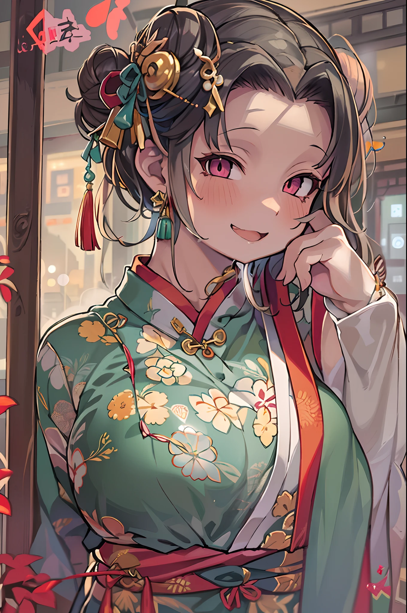 Best Quality, masutepiece, hight resolution, 1girl in, china hanfu,Background of Chinese Architect, red scarf, Hair Ornament,Necklace, Jewelry,Beautiful face,Inserting a into the_Body, Tindall Effect,Photorealistic, Dark Studio, Rim lighting, two tone lighting,(High detailed skin:1.2), 8K UHD, Digital SLR, Soft lighting, High quality, Volumetric lighting, Candid, photograph, High resolution, 4K, 8K, Bokeh、(((Cheongsam)))、bun