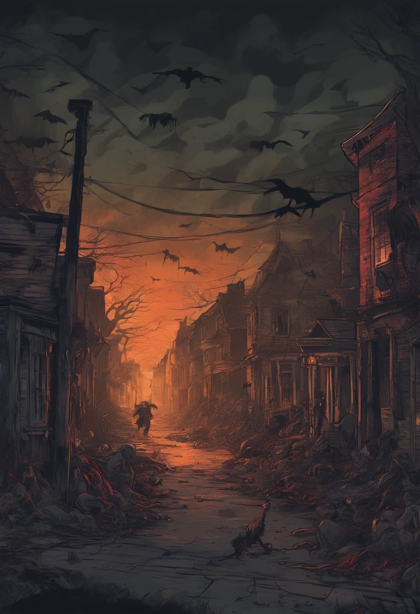 Illustration of a nightmarish Halloween night with zombies lurking the streets