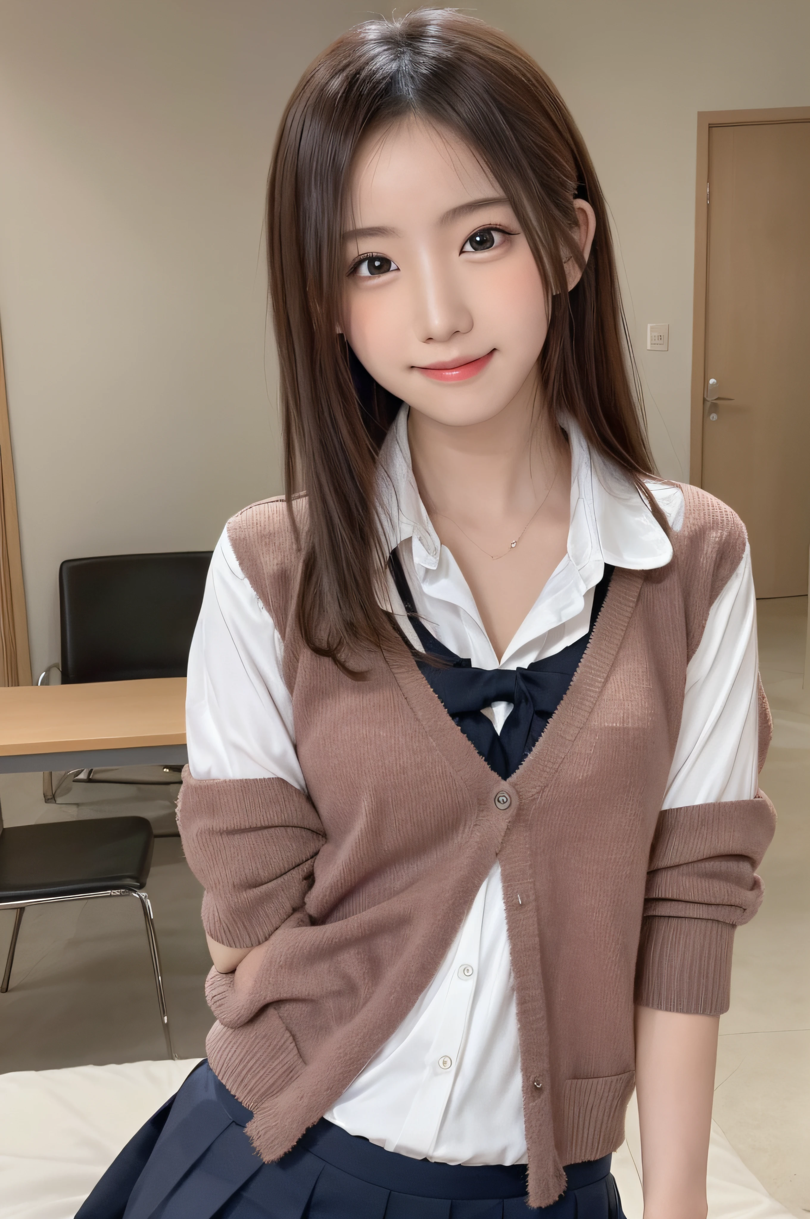 ers old、soio、brown haired、beautidful eyes、real looking skin、A detailed eye、hi-school girl、(8K、​masterpiece)、(reallistic、Photorealsitic)、top-quality、ighly detailed、The ultra-detailliert、Beautie、cute little、Korea person、a smile、Close-up portrait、Healthy face、schools、School uniform、Cardigan、plaid skirts