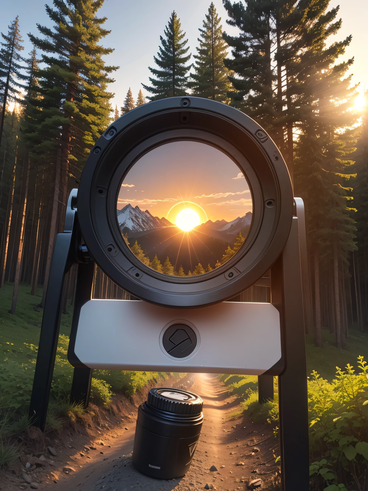 geocaching, finding caches, forest, mountains, setting sun, vector, logo, white background, without any inscriptions