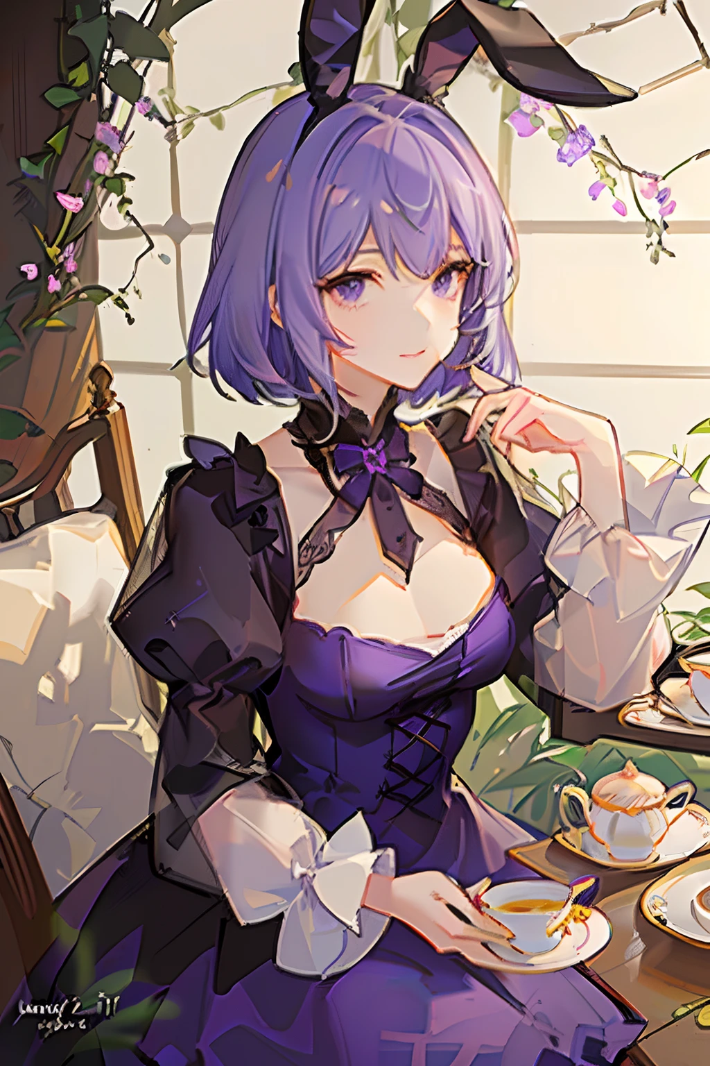 light violet hair,short detailed hair,Deep purple eyes,Qi bangs,Bunny ears,grapes,high tea
