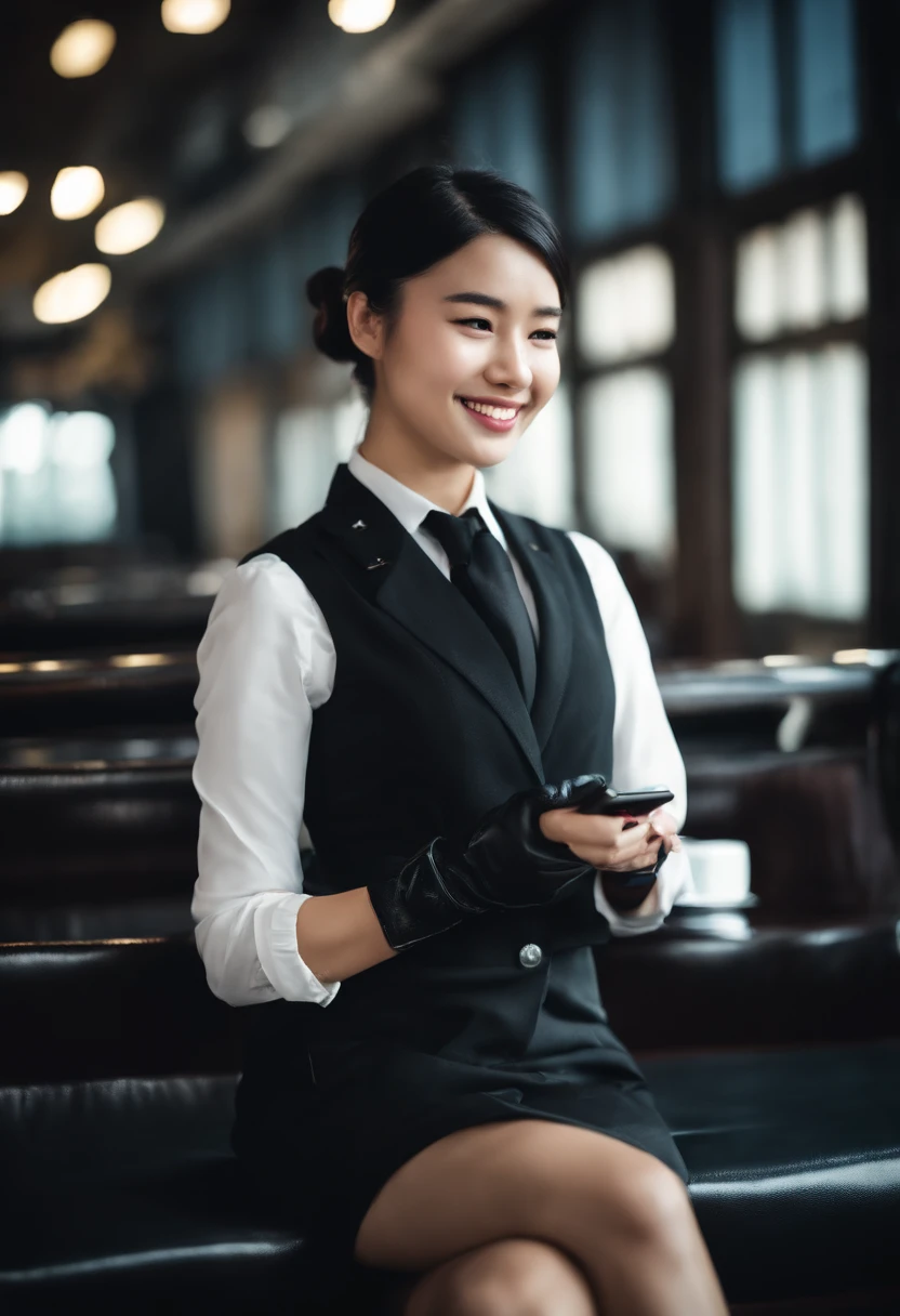 Black leather gloves in both hands, blazer and ribbon uniform, black hair ponytail, upper body, conversation with a smile with a black smartphone, cute Japanese girl (black leather gloves covering both hands) traveling alone