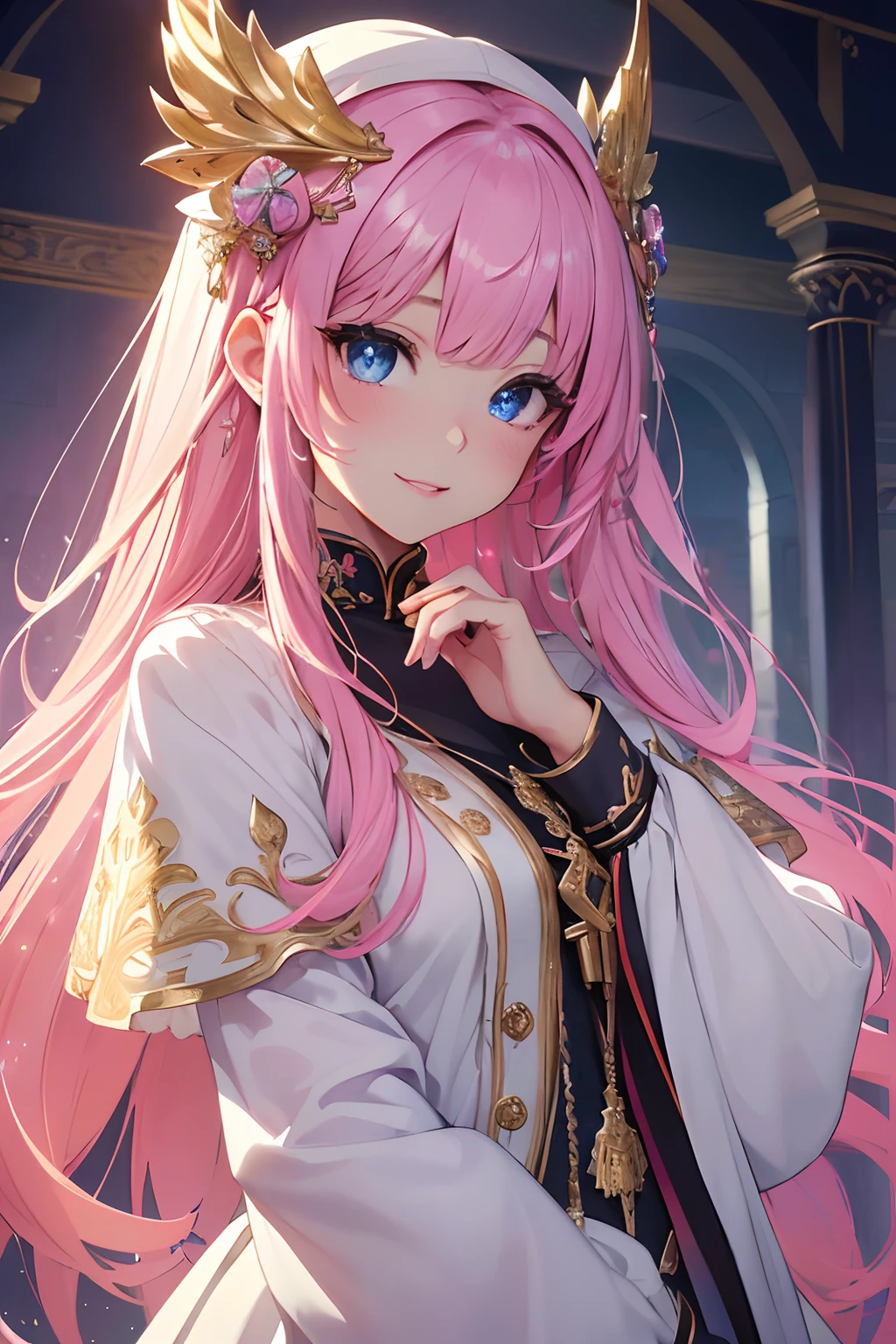 (masterpiece、top-quality、top-quality、Official art、lightly detailed、Beautifully Aesthetic:1.2)、(1girl in)、(Fractal Art:1.3)、very long hairstyle、pink hair color colorful, large blue crystal eyes, sparkling big eyes, complex details beautiful and delicate eyes, plump lips, red lips, close up SHOT, face shot, looking to the viewers, smiling face, meaningful expression, wearing casual attire、anime, gorgeous colorful light detail、Intuitive、sharp、Precise focus、insta photo、photo of the year、cinema4d、Dramatic、(3D), back light, sparkles, colorful light, ((masterpiece、top-quality、Official art、Beautifully Aesthetic:1.2))、(the golden ratio:1.2)、(ultra-detailliert:1.3)、(1girl in:1.3)、(Fractal Art:1.3)、((Glitter pupils))、patterns、colourfull、(heterochromia iridis)、(colourfull:1.5)、(Hyper-detailing), ((delicate detail)), (intricate detailes), ((ciinematic light, best quality backlight)), highcontrast, ((The best lighting, extremely delicate and beautiful)), ((ciinematic light))、(ray trace reflection、brilliance)、((glowing aura))、((Radiant hair))、((The ultra-detailliert))、((8K))、((write))、Delicate beautiful face and eyes,Focus on Face, masterpiece, (realisitic:0.5)、Original 2 High Saturation、( absurderes, superfine illustration, Best Quality, extremely cute and beautiful girl, Very detailed and very beautiful adult big smile:1.2, ;D, ,priest, bishop, archbishop, inside a temple,