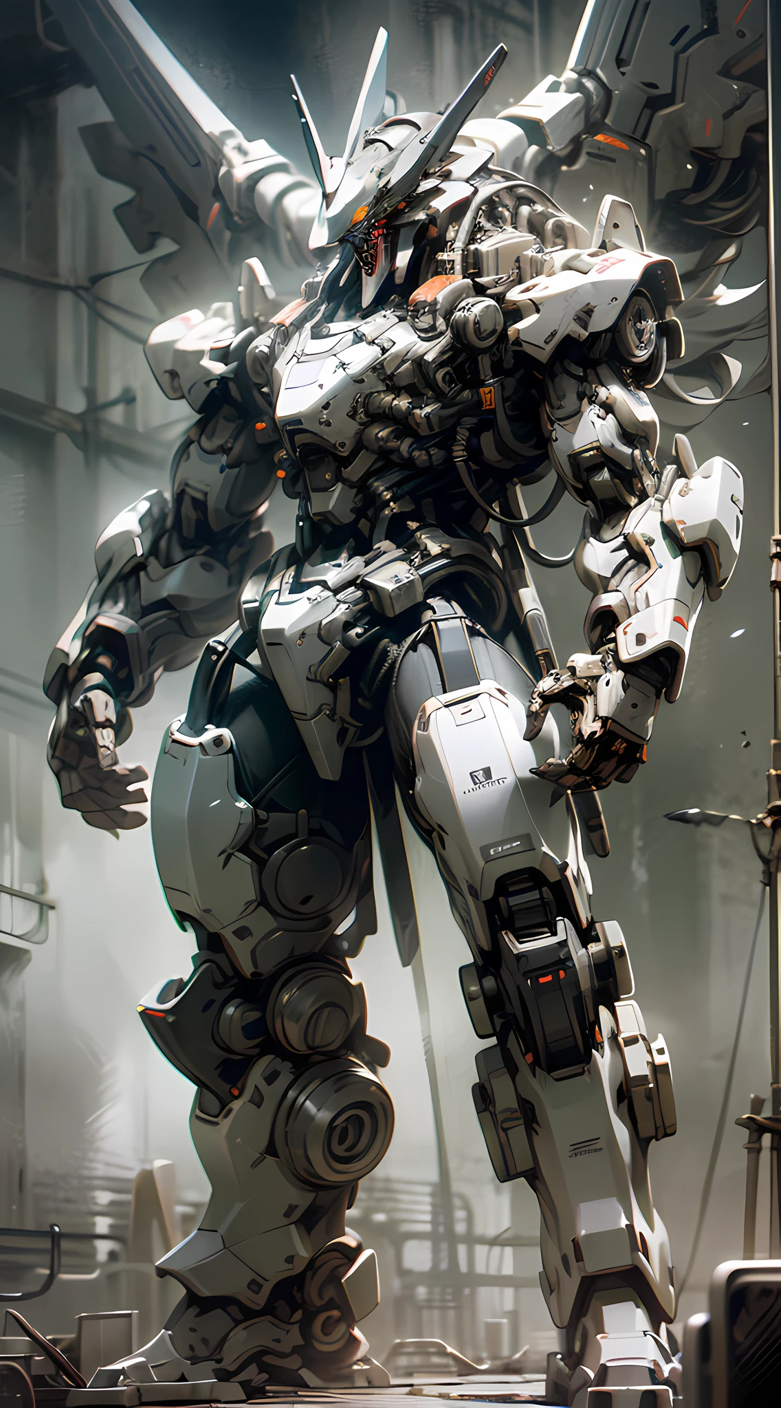 (Best quality,Ultra-detailed,Realistic:1.37),Black and white mech,Dragon helmet,Claw weapons,Heavy armor,Mechanical details,Shiny metal surface,Red glowing eyes,Ominous atmosphere,scifi concept art,High-contrast colors,Sharp shadows,Dramatic lighting