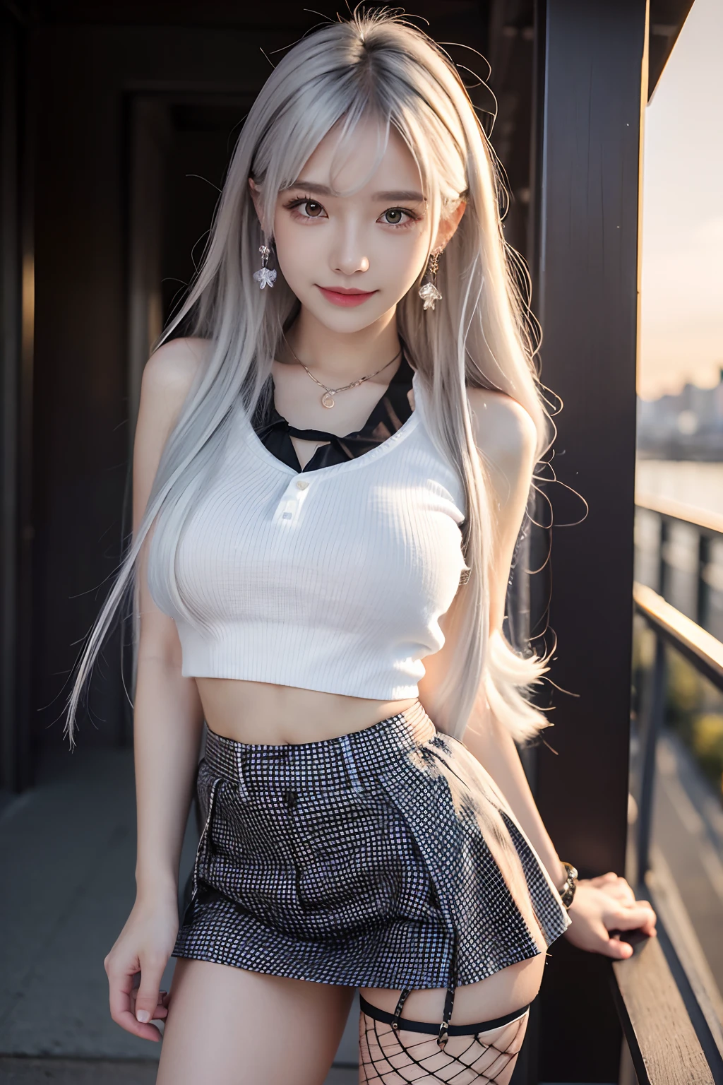 Masterpiece, Best quality, Sunset, Cityscape, Real, Huge_filesize, Everyone, Girl, Long hair, White hair, Wavy hair, Beautiful detailed eyes, Medium breasts, seifuku, Shorts under the skirt, fishnets pantyhose, Earrings, pendant, shackle, Chains, Light smile, Miniskirt,