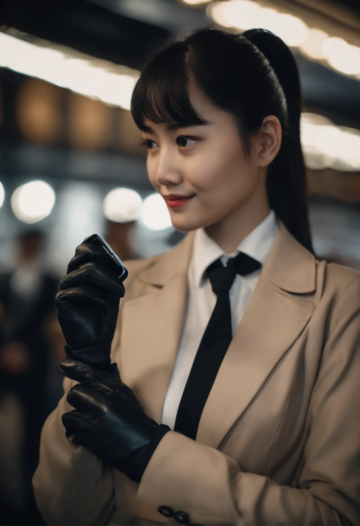 Black leather gloves in both hands, blazer and ribbon uniform, black hair ponytail, upper body, conversation with a smile with a black smartphone, cute Japanese girl (black leather gloves covering both hands) traveling alone