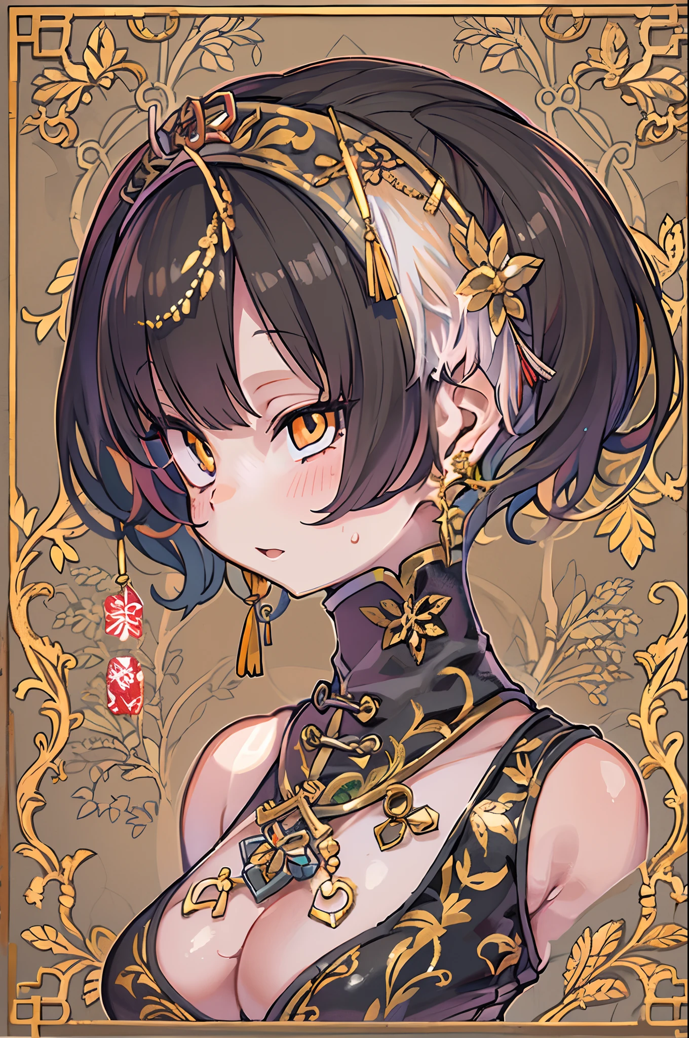 chinese bun black short hair,bun cover,china dress, long dress,tight mini skirt, gold decoration dress, sleeveless, ultra detailed dress,cleavage, cleavage cutout, clothing cutout,