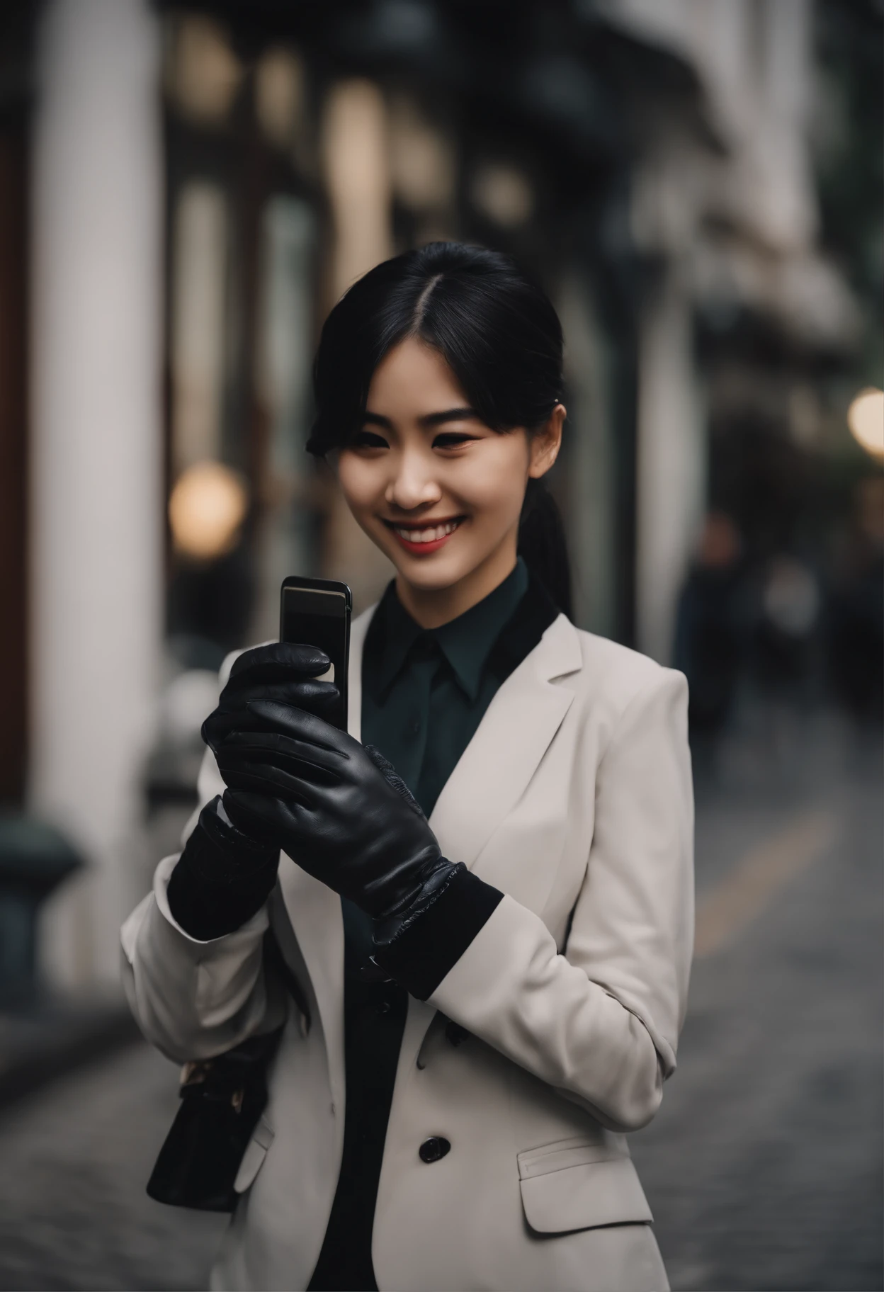 Black leather gloves in both hands, blazer and ribbon uniform, black hair ponytail, upper body, conversation with a smile with a black smartphone, cute Japanese girl (black leather gloves covering both hands) traveling alone