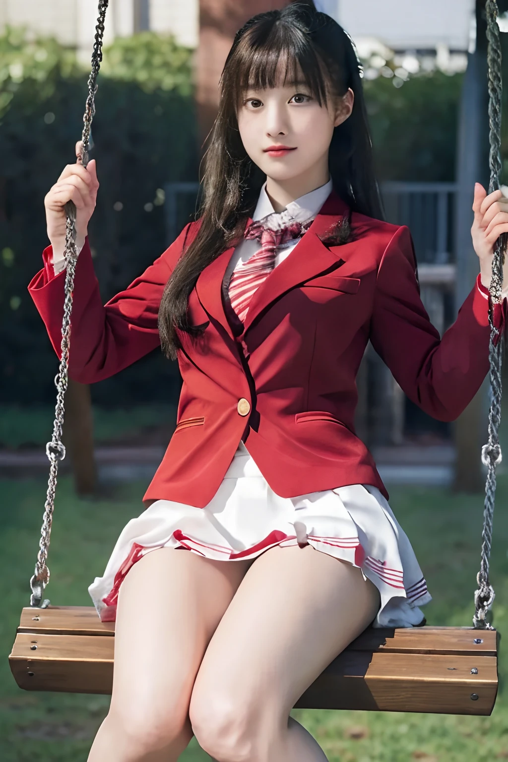 a girl sitting on a swing with a red blazer and white skirt, cute girl, beautiful high school girl, Suzune Horikita, best girl, hyperrealistic, long hair, school uniform, yandere. tall, from girls frontline, azur lane style, seductive girl, anger expression