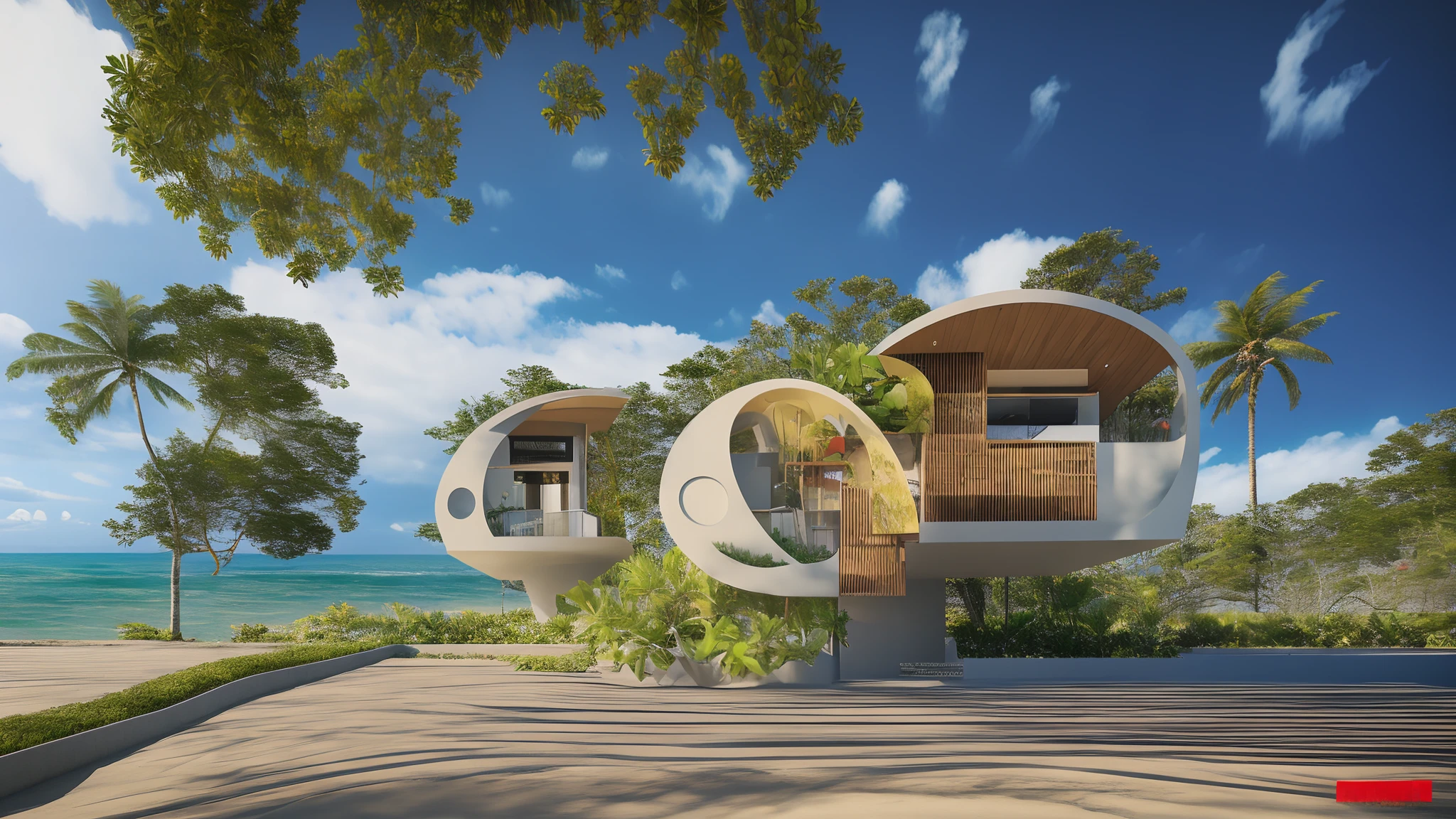 Futuristic house on the edge of the beach, NOhumans. The coastline is covered with tropical trees. The scene exudes surrealism, It has a vivid color similar to Fuji color. The combination has a different individual lineup, Take wide-angle photos from a high viewing angle. The use of ultra-wide-angle lenses, Especially Canon cameras, Enhance the visual experience. Every detail is meticulously depicted in Ultra HD, Ensure the best image quality, The resolution is 8K. A combination of unique settings, Artistic style, A masterpiece of impeccable technical achievements.