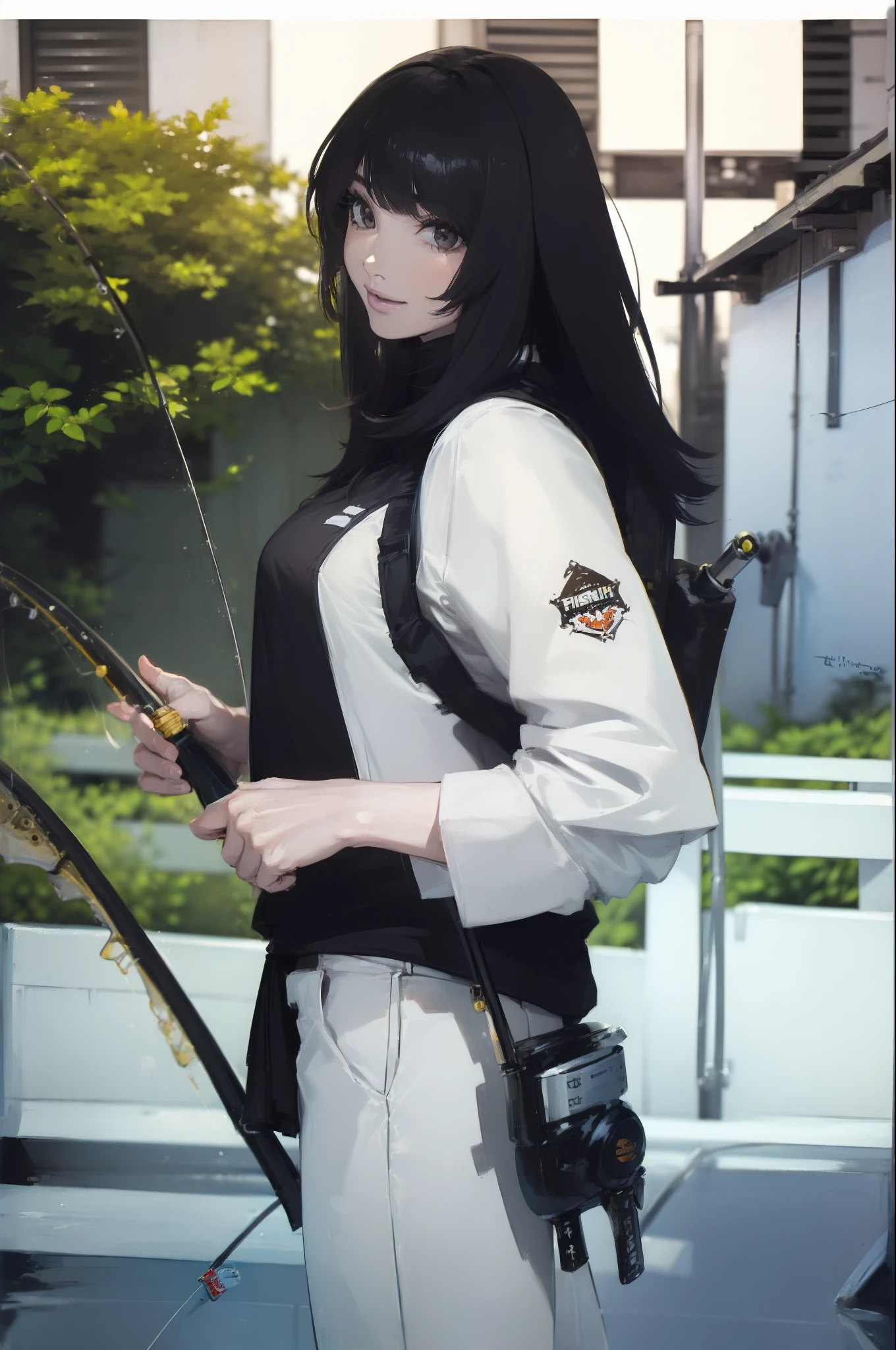 ((((Have a fishing rod with a reel:1.5)))),((Female 28 years old)),((Best Quality:1.5)),(((Fine fingers、Ratio 4 fingers and 1 thumb,detailed arms,detailed human hands))),(((Hands with the correct number and structure of fingers:1.4))),((Lakeside:1.37)),hight resolution,ultra-detailliert,masterpiece,best qualtiy,(Eight-headed body),(1 fishing rod,Holding a fishing rod in your hand,Fishing lure rod,Fishing Reels,Long Sleeve Outdoor Vest,Long pants for fishing,Big backpack),thin and long legs,Beautiful hip line,Beautiful spine,constricted back,Toned waist,beutiful breast),,Gentle smile,shiny lip,(1 fishing rod,Straight stretch fishing rod,Long fishing rod,Woman fishing with fishing rod in hand),Black hair, long eyeslashes, Solid Circle Eyes, drop shadow, Atmospheric perspective,Super Detail, ccurate, small brest,top-quality, blurry backround, bokeh dof:1.2, (masterpiece:1.3), Atmospheric perspective,Super Detail,dynamic compositions, Ultra High Quality,