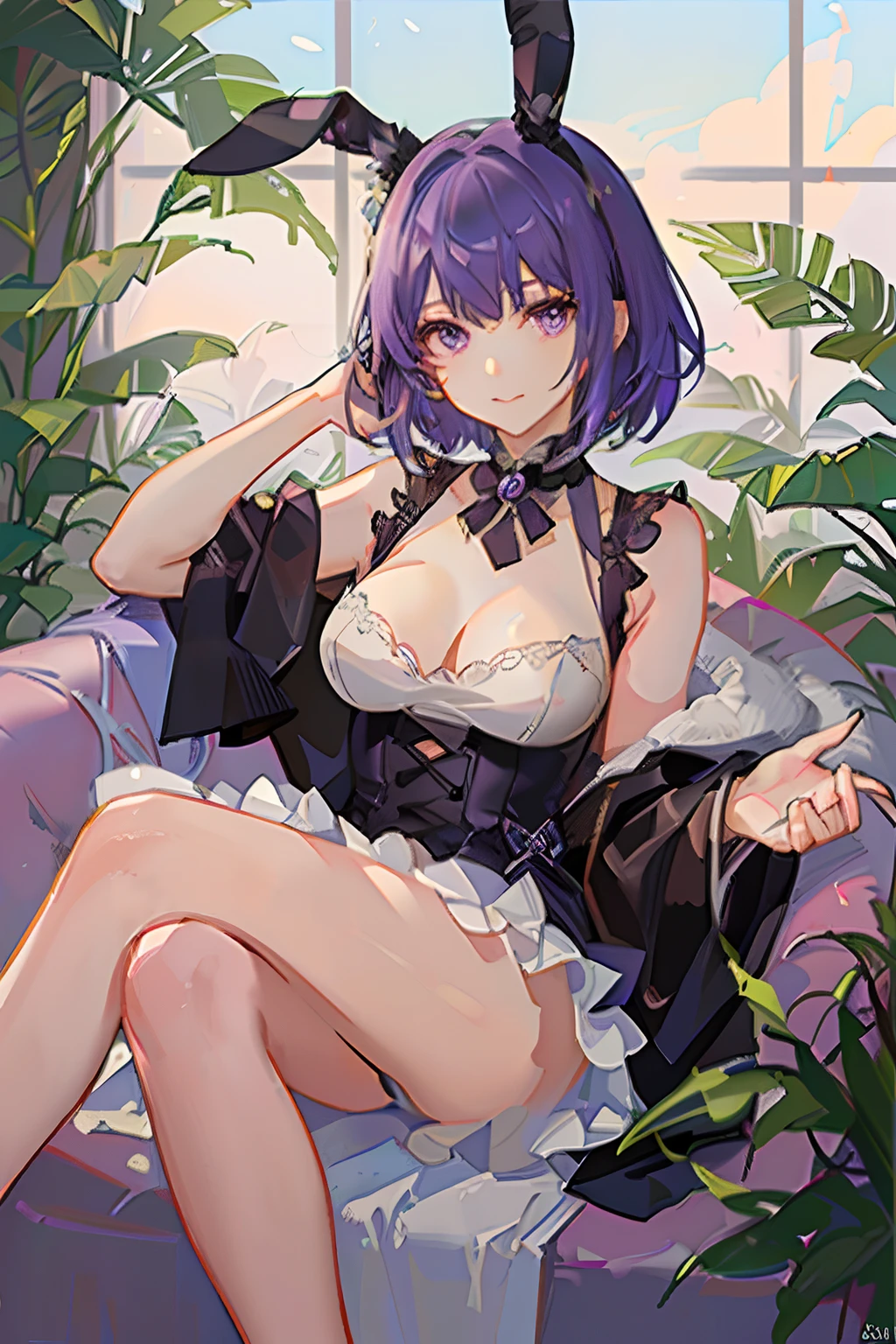 light violet hair，short detailed hair，Deep purple eyes，Qi bangs，Bunny ears，grapes，high tea