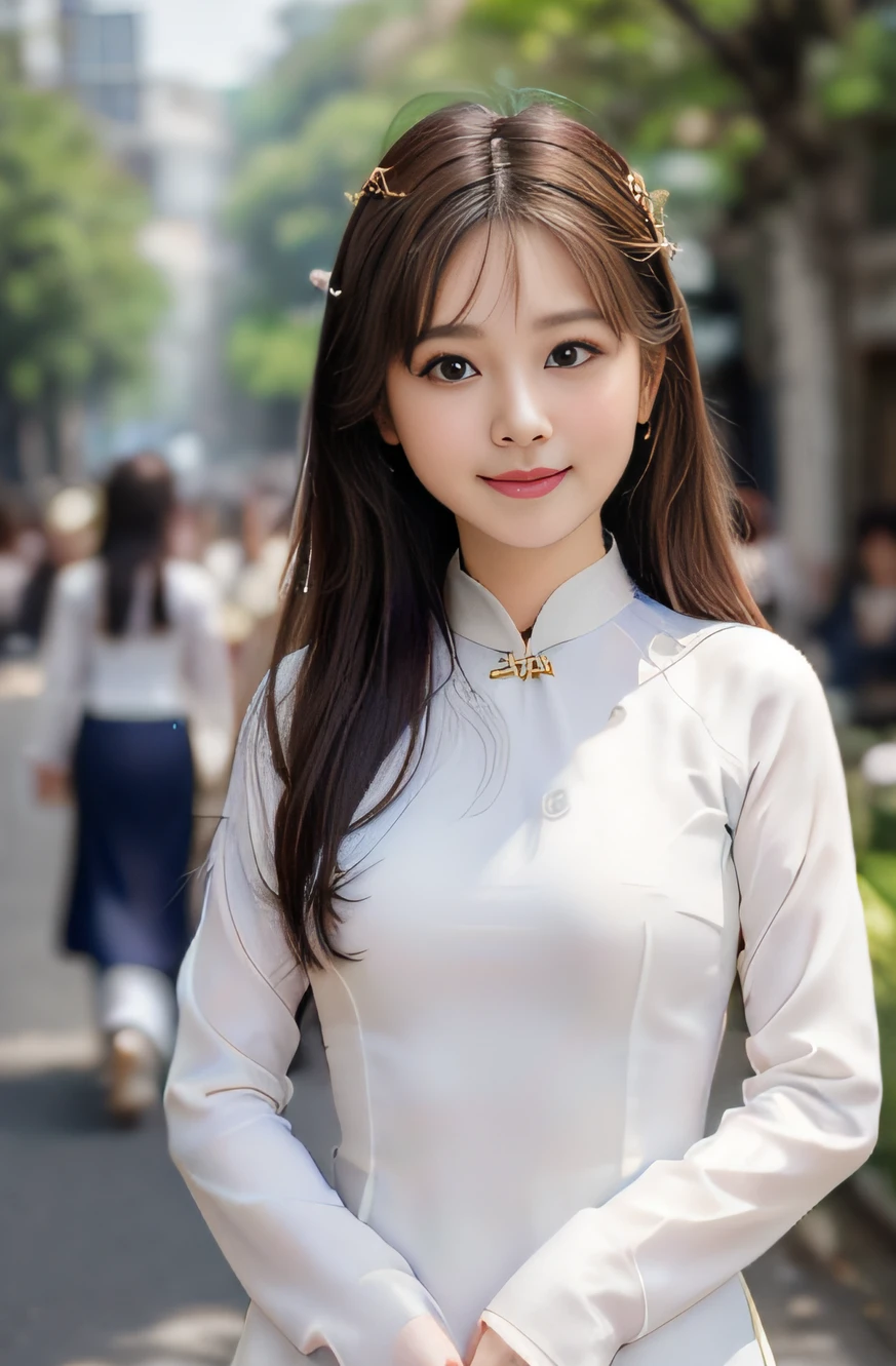 (8k, RAW photo, best quality, masterpiece:1.2), High detail RAW color photo, professional photograph,(realistic, photo realistic:1.2), ((best quality)), 1 girl, cinematic light, HDR, (finely detailed face:1.2), (masterpiece:1.5), (best quality:1.2), (smiling:1.2), (looking at viewer:1.2), (Vietnamese women:1.4), beautiful, cute like a doll, ************, (warm smile:1.2),small nostrils,  (traditional ao dai:1.3), (unadorned plain white ao dai:1.3),vietnamese high school uniform, long-sleeved,(ornament-free:1.2),white pants,medium bust, narrow waist, upper body,light makeup, big round eyes,long-sleeved,shallow depth of field, focus on the eyes, crowded street at Ho Chi Minh city,