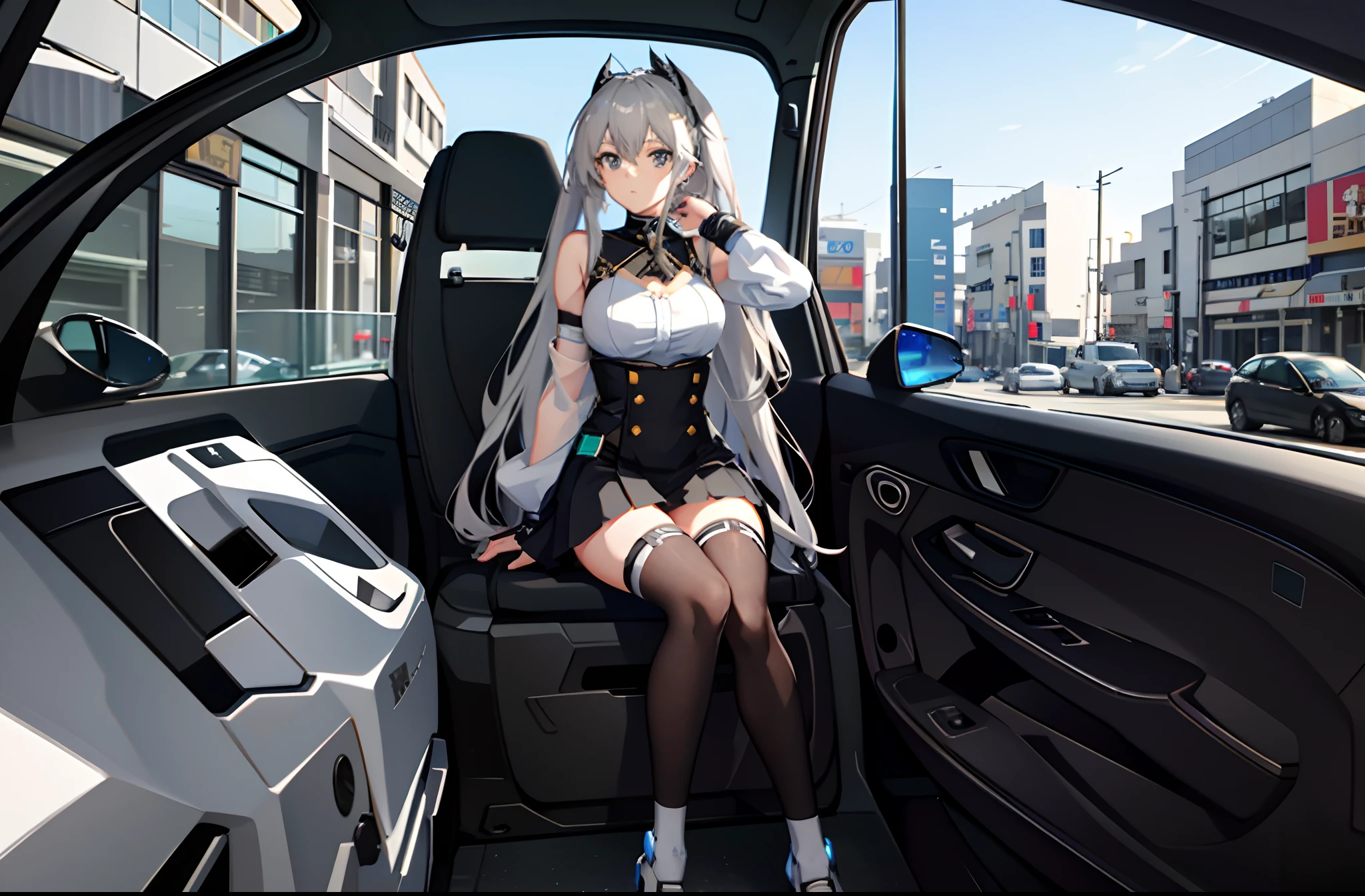 Anime girl sitting in car in black and white costume, azur lane style, A scene from the《azur lane》videogame, Fine details. Girl Front, from girls frontline, Kushatt Krenz Key Art Women, android heroine, m4 sopmod ii girls frontline, attractive matoi ryuko, Mechanized Valkyrie girl, 《azur lane》role, Female action anime girl