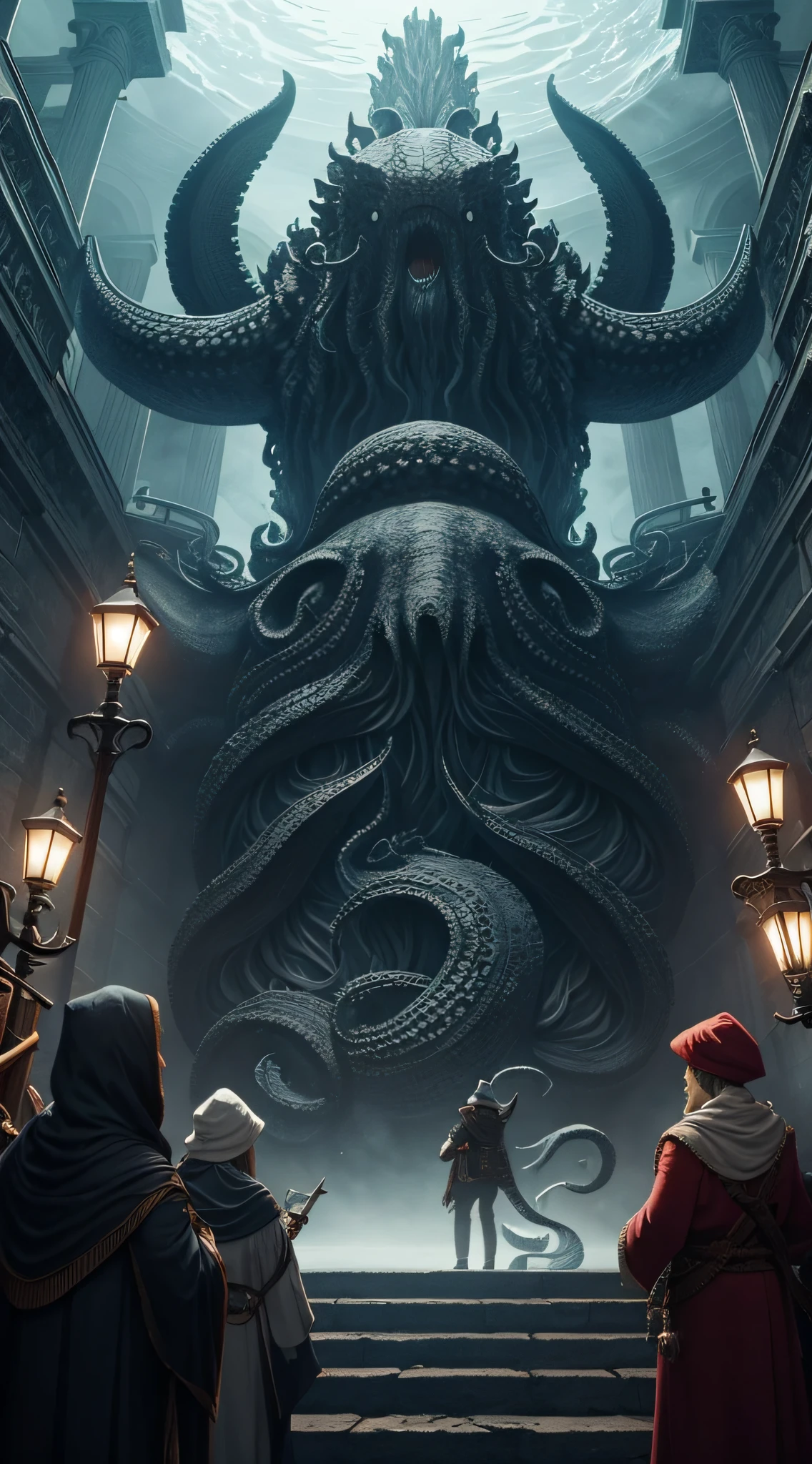 Create an image of a secret society dedicated to unraveling the truth behind the Kraken legend.