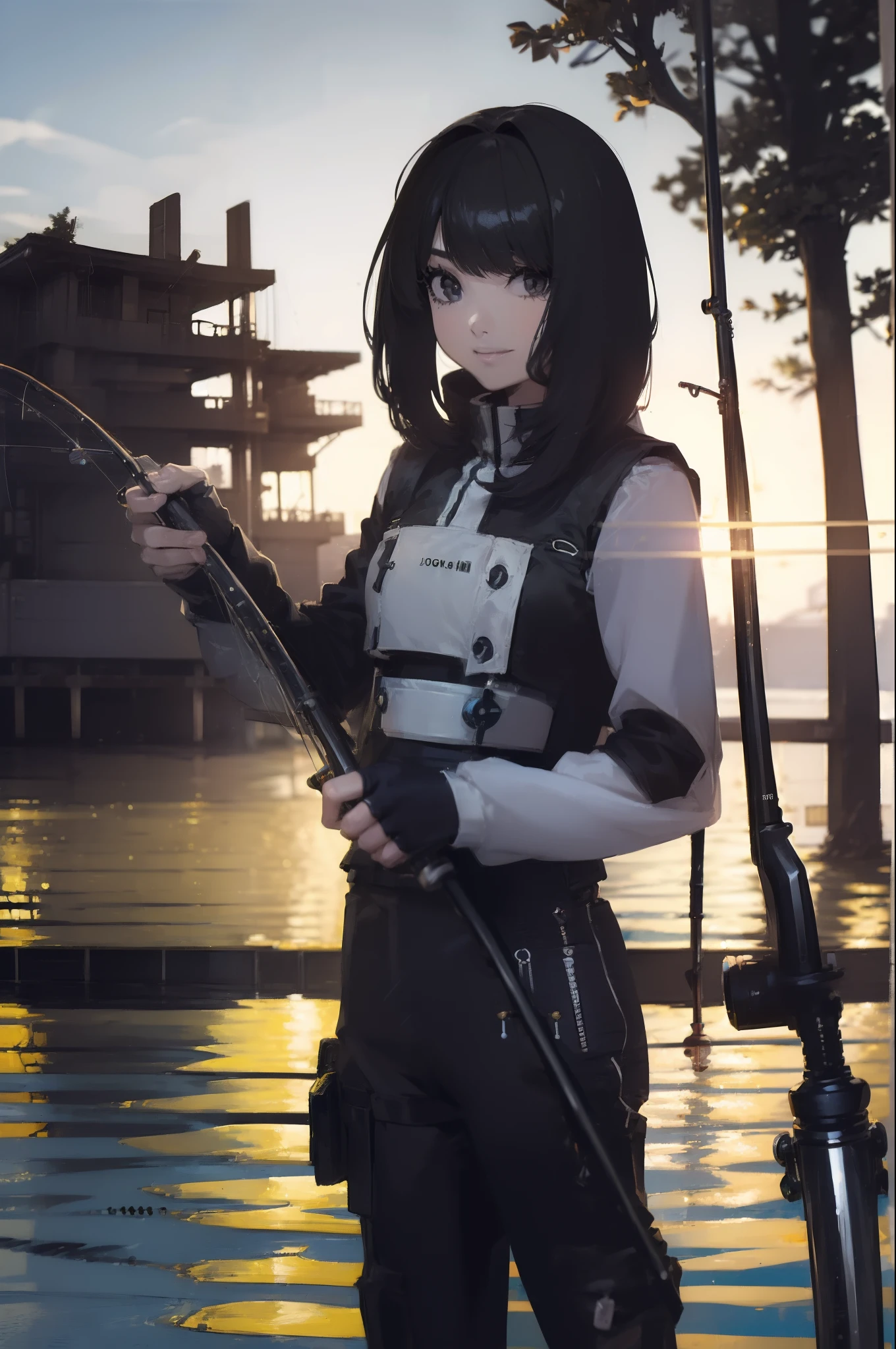((((Have a fishing rod with a reel:1.5)))),((Female 28 years old)),((Best Quality:1.5)),(((Fine fingers、Ratio 4 fingers and 1 thumb,detailed arms,detailed human hands))),(((Hands with the correct number and structure of fingers:1.4))),((Lakeside:1.37)),hight resolution,ultra-detailliert,masterpiece,best qualtiy,(Eight-headed body),(1 fishing rod,Holding a fishing rod in your hand,Fishing lure rod,Fishing Reels,Long Sleeve Outdoor Vest,Long pants for fishing,Big backpack),thin and long legs,Beautiful hip line,Beautiful spine,constricted back,Toned waist,beutiful breast),,Gentle smile,shiny lip,(1 fishing rod,Straight stretch fishing rod,Long fishing rod,Woman fishing with fishing rod in hand),Black hair, long eyeslashes, Solid Circle Eyes, drop shadow, Atmospheric perspective,Super Detail, ccurate, small brest,top-quality, blurry backround, bokeh dof:1.2, (masterpiece:1.3), Atmospheric perspective,Super Detail,dynamic compositions, Ultra High Quality,