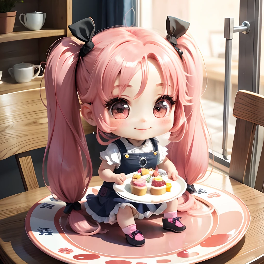 Cute chibi anime sitting on a plate, long pink hair with twin tails、wearing colorful clothing, Smiling, Logo is cheap、Colorful