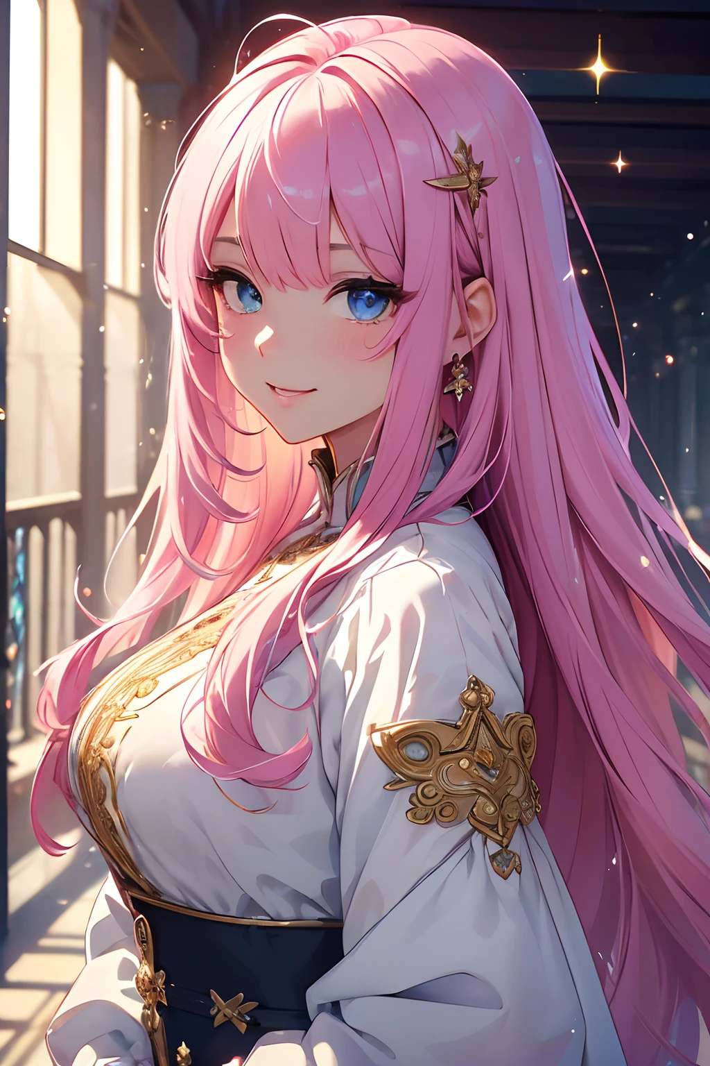 (masterpiece、top-quality、top-quality、Official art、lightly detailed、Beautifully Aesthetic:1.2)、(1girl in)、(Fractal Art:1.3)、very long hairstyle、pink hair color colorful, large blue crystal eyes, sparkling big eyes, complex details beautiful and delicate eyes, plump lips, red lips, close up SHOT, face shot, looking to the viewers, smiling face, meaningful expression, wearing casual attire、anime, gorgeous colorful light detail、Intuitive、sharp、Precise focus、insta photo、photo of the year、cinema4d、Dramatic、(3D), back light, sparkles, colorful light, ((masterpiece、top-quality、Official art、Beautifully Aesthetic:1.2))、(the golden ratio:1.2)、(ultra-detailliert:1.3)、(1girl in:1.3)、(Fractal Art:1.3)、((Glitter pupils))、patterns、colourfull、(heterochromia iridis)、(colourfull:1.5)、(Hyper-detailing), ((delicate detail)), (intricate detailes), ((ciinematic light, best quality backlight)), highcontrast, ((The best lighting, extremely delicate and beautiful)), ((ciinematic light))、(ray trace reflection、brilliance)、((glowing aura))、((Radiant hair))、((The ultra-detailliert))、((8K))、((write))、Delicate beautiful face and eyes,Focus on Face, masterpiece, (realisitic:0.5)、Original 2 High Saturation、( absurderes, superfine illustration, Best Quality, extremely cute and beautiful girl, Very detailed and very beautiful adult big smile:1.2, ;D, ,priest, bishop, archbishop, inside a temple,