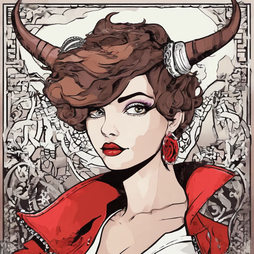 Lovely brown short hair.The eyes are black, The pupils are purple;.Brown fair skin, short white top and red jacket, Longer waist,Grey shorts and belt.On the head are black bull horns, And on them is a white chain with black crystals,The tail is black.