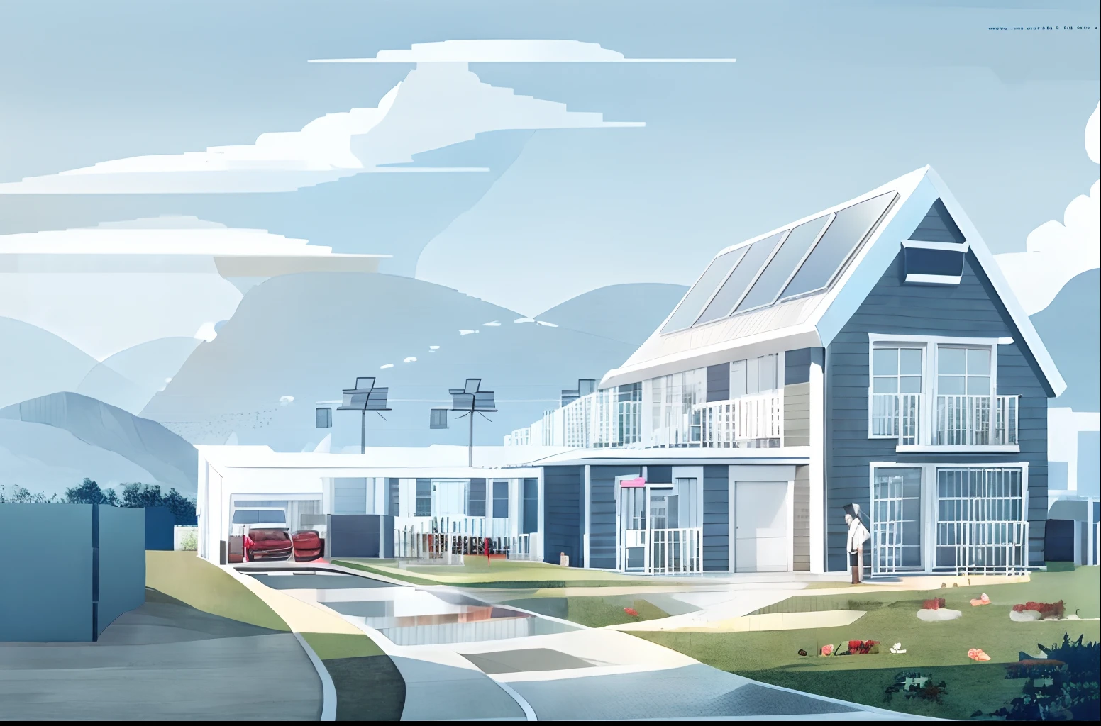 Illustration of a house with solar panels and a car, renewable energy, energia limpa, webdesign icon for solar carport, energia verde, rooftop solar panels, Casa passiva, Tecnologia Verde, Energia SOLAR, movido a Energia SOLAR, Vila Solarpunk, sustentabilidade, sustainable, solar, Directed by: Carey Morris, solar panels, flat illustration, por Romain brook, sustainable materials