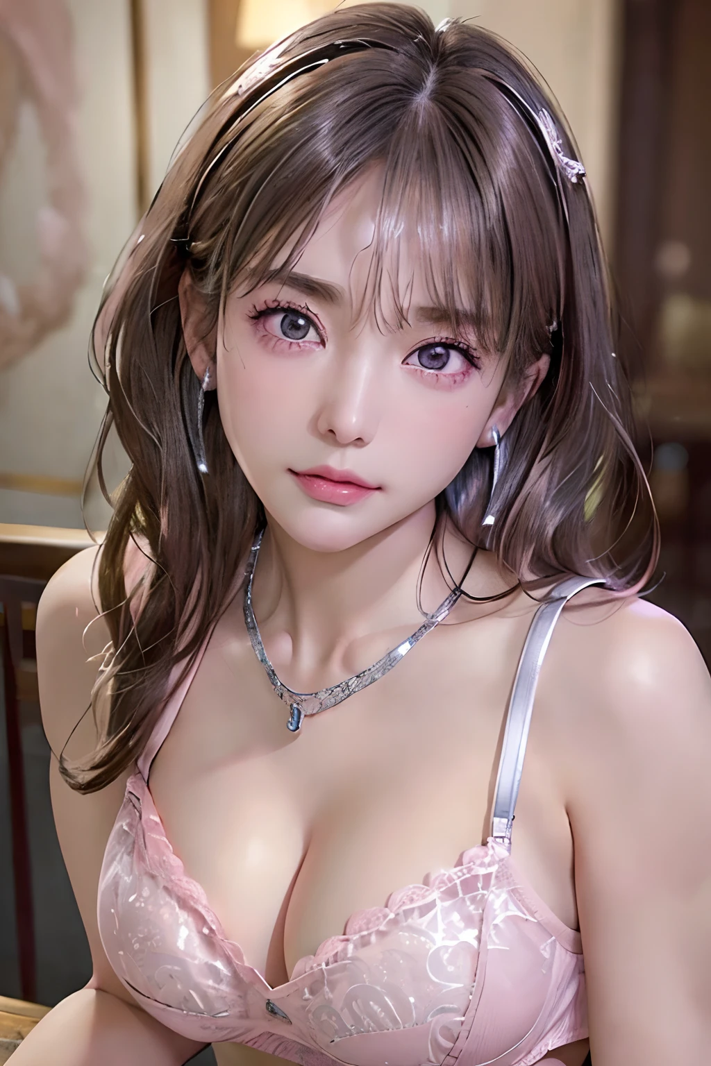 (8K:1,5),Light brown shorthair and silver mix,、disheveled hair、Light brown eyes、(dignified expression)、(爆乳:1.4)、Emphasize the valley、(Photorealsitic)、Shadow、(The face of the golden ratio:1.2)、(intricate detailes:1.2)、(masterpiece、:1.3)、(top-quality:1.4)、(超A high resolution:1.2)、超A high resolution、(A detailed eye)、(Detailed ears)、(Detailed eyebrows)、(Detailed mouth)、(detailed facial features)、((Silver necklace))、Luxury Night Bar,(gals:1.2),(PINK Underwear:1.4),((cleavage,Unbuttoned):1.2),