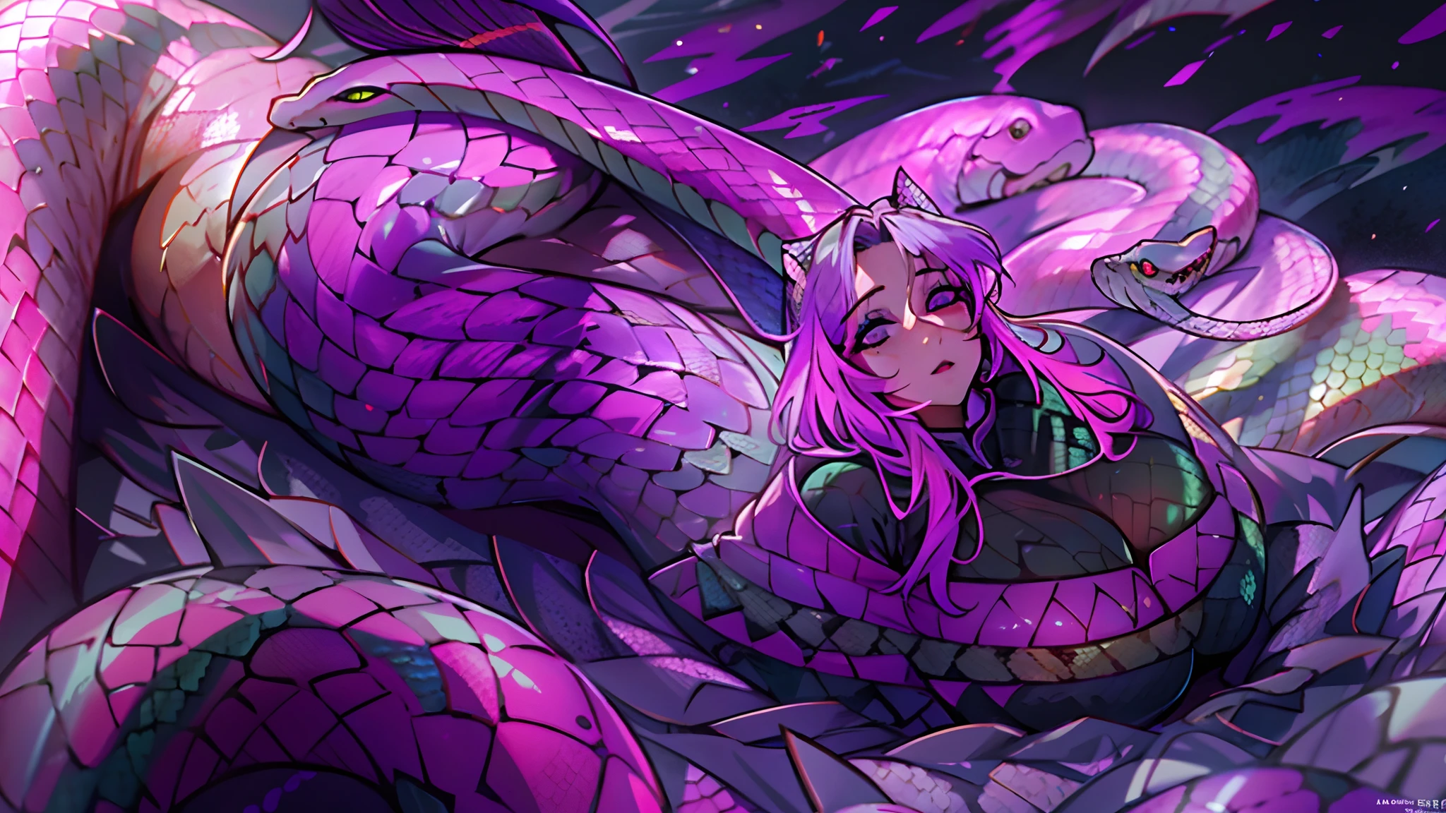 (mermaid:1.3), (snake tail:1.4),8k uhd,RAW photo,A snake woman,(Python pattern),(snake man),(Real Human:1.2),(highres:1.4),(A detailed:1.5),(photorealestic:1.5),RAW photo,Portrait Photogram,realistic snake scales, stoic, cabellos largos dorados,RAW photo,snake scales all over body, (snake scales on breast:1.5), (scales covering her chest:1.4), (black, purple gradient:1.4),scales on her chest, 超高分辨率,Foto realism,best qualtiy,captivating posture, (highdetailskin,skin detailed),Visible Pore,Shiny skin,tmasterpiece,sleeveless, finedetail,Colorization,Extremely Delicately Beautiful,extremely detailed 8k wallpaper,8K high quality,DSLR,Snake man maiden with beautiful details,(looking at viewert),professional photograph lighting,Faraway view,full bodyesbian,in a panoramic view,seductive face, multicolored hair,purple eyes, scales on breast, Large breast, snake on chest